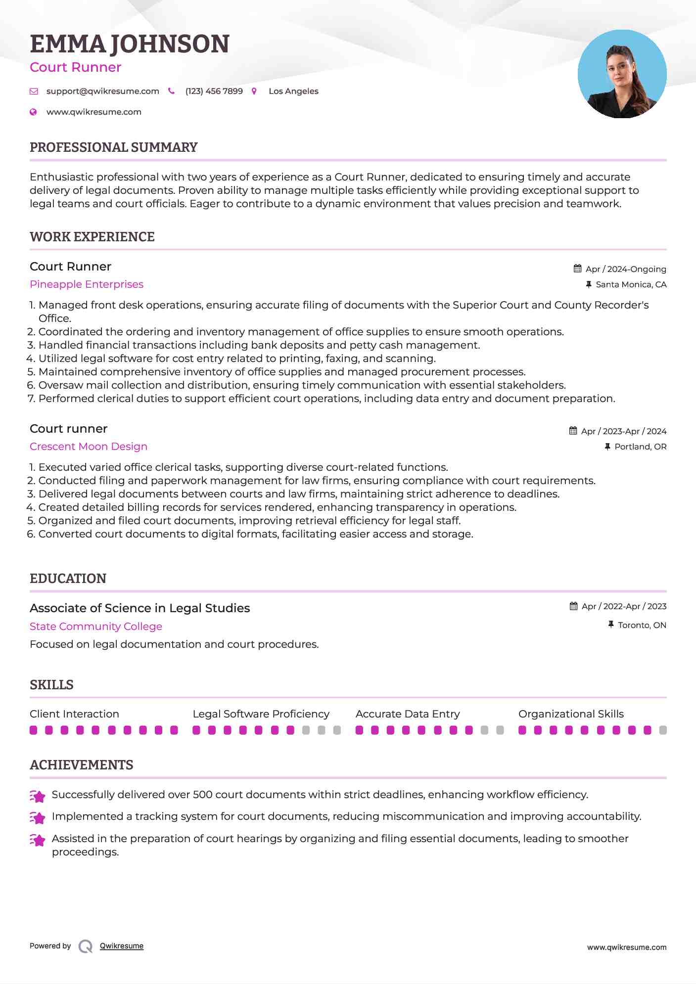 Court Runner Resume Example