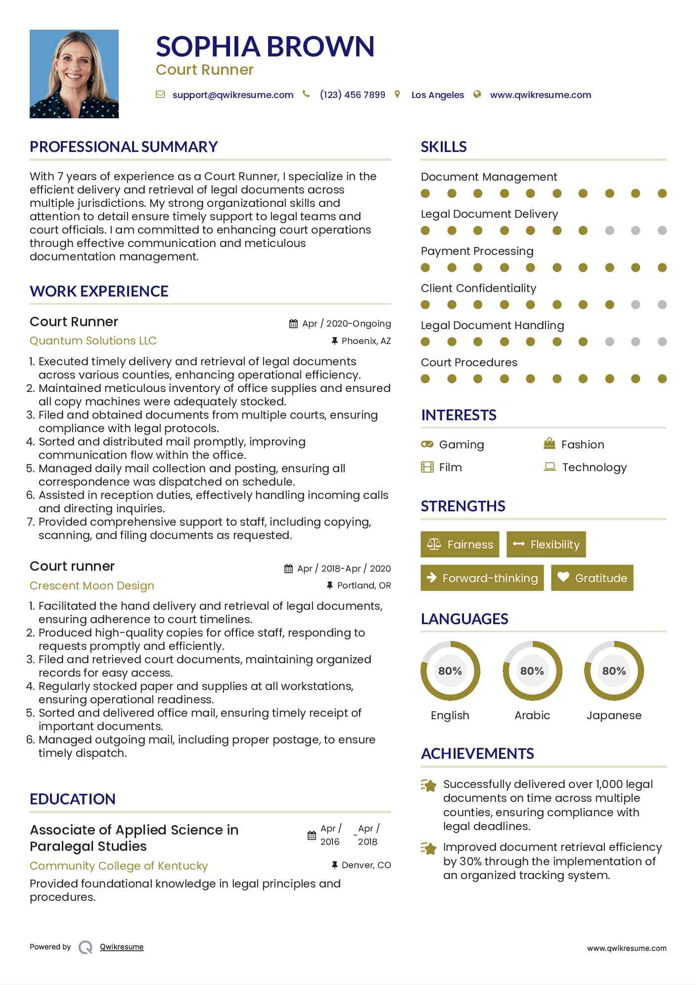 Court Runner Resume Sample