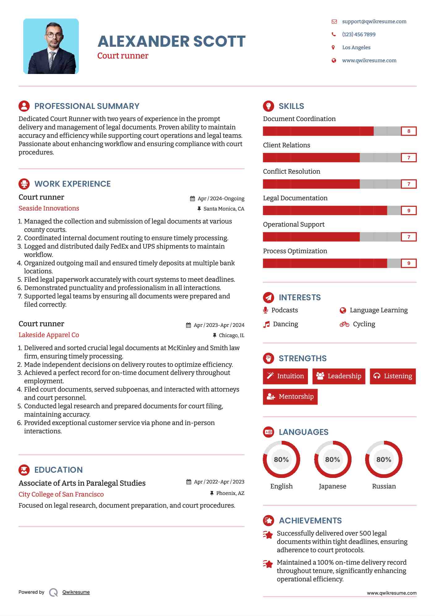 Court runner Resume Sample