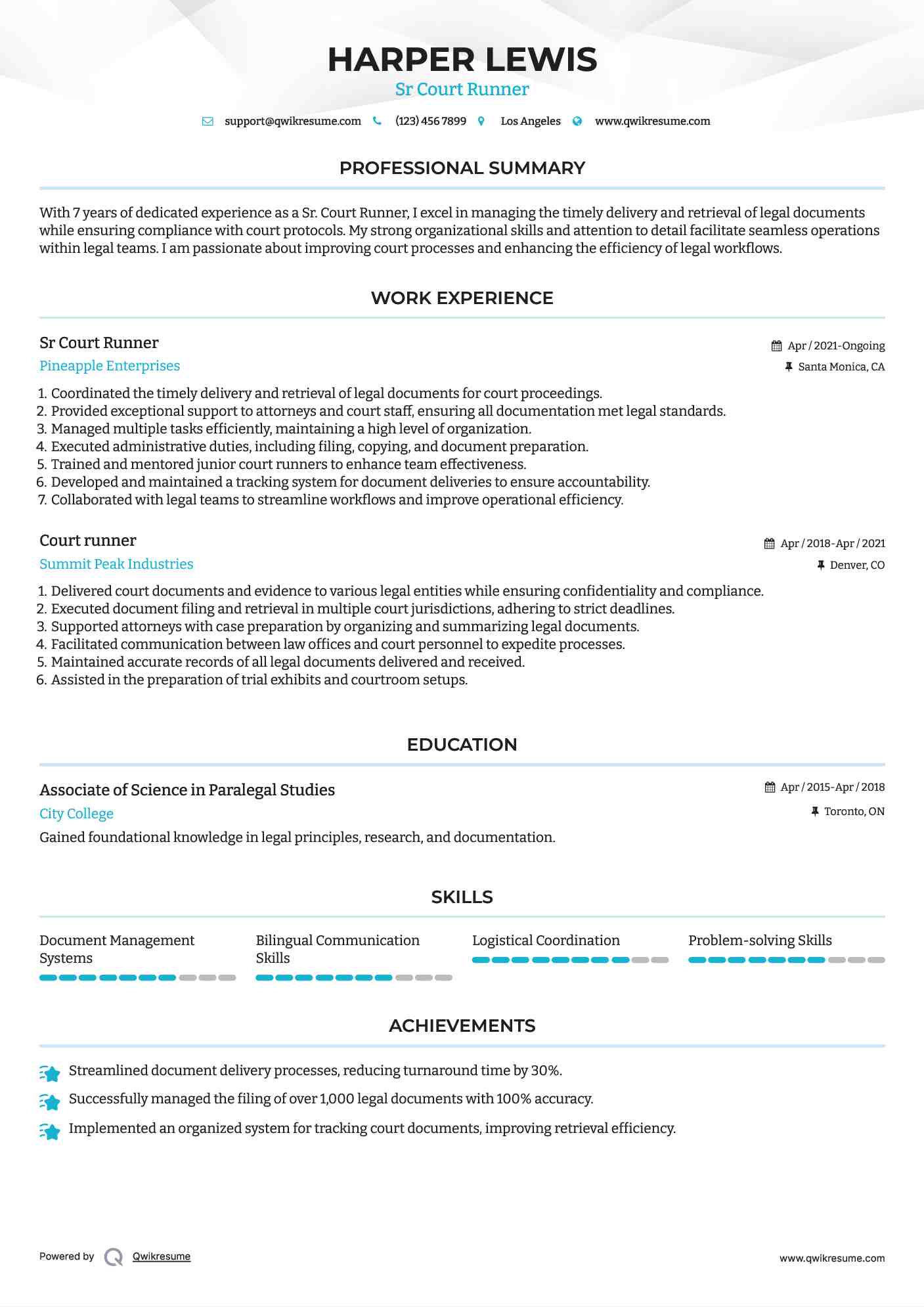 Sr  Court Runner Resume Template