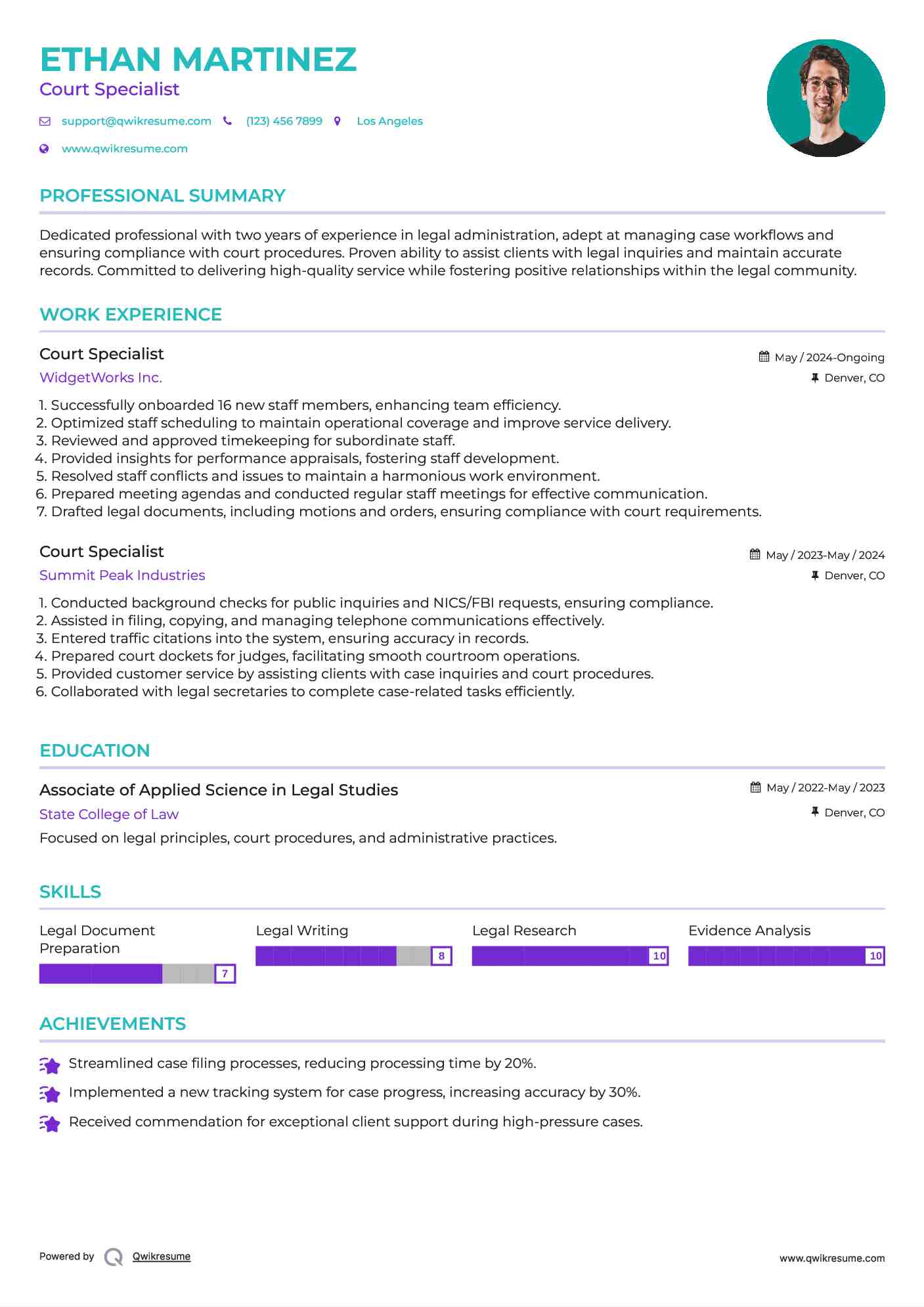 Court Specialist Resume Sample