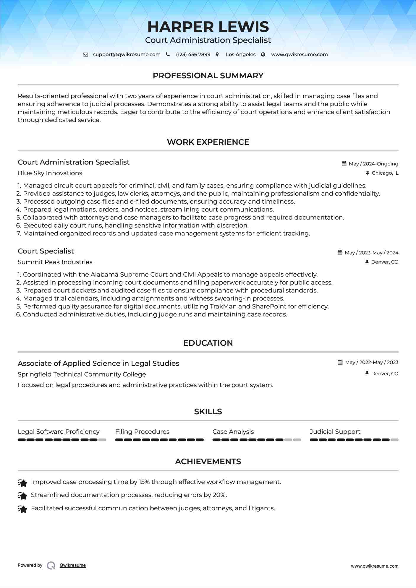 Court Administration Specialist Resume Sample