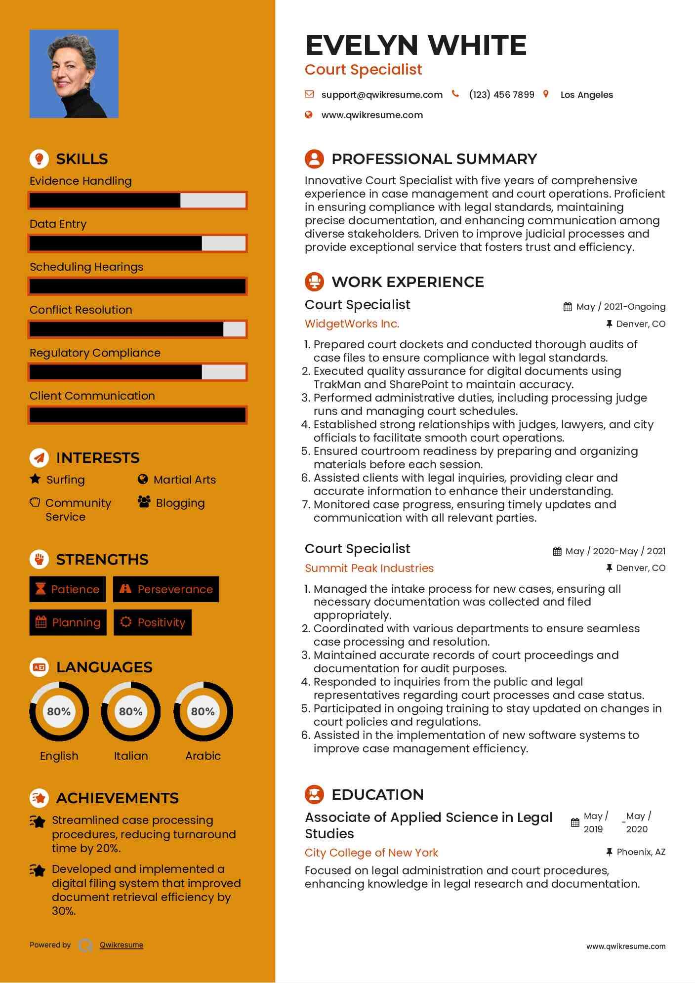 Court Specialist Resume Sample