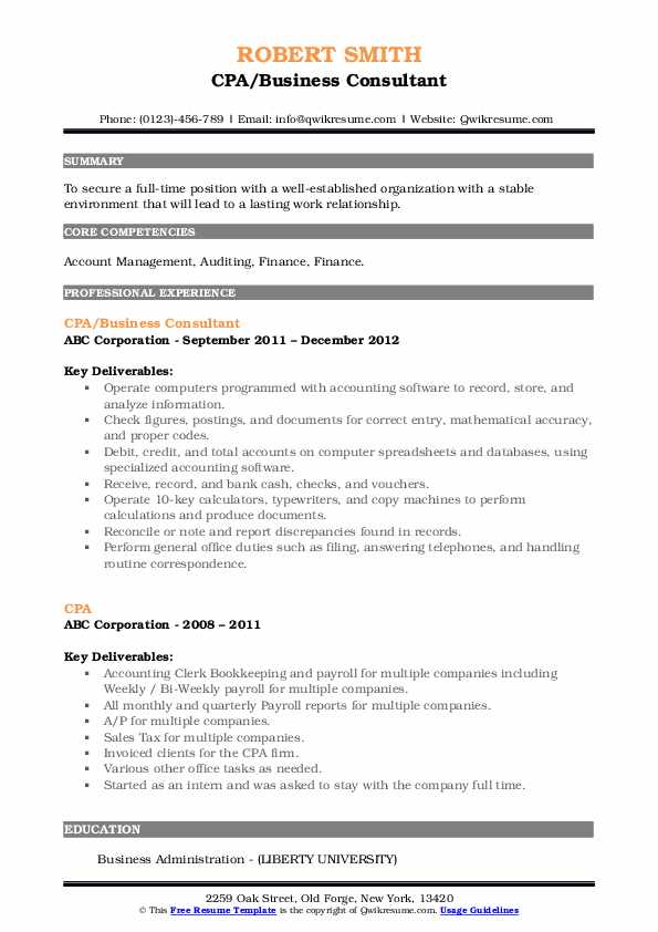 CPA Resume Samples QwikResume