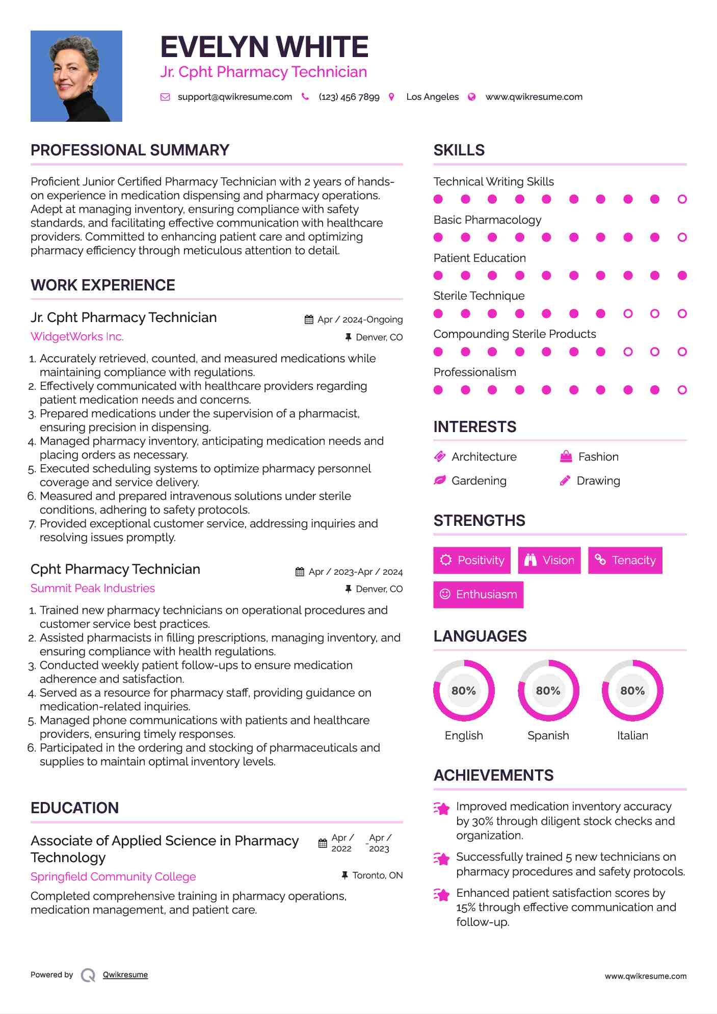 Jr. Cpht Pharmacy Technician Resume Example
