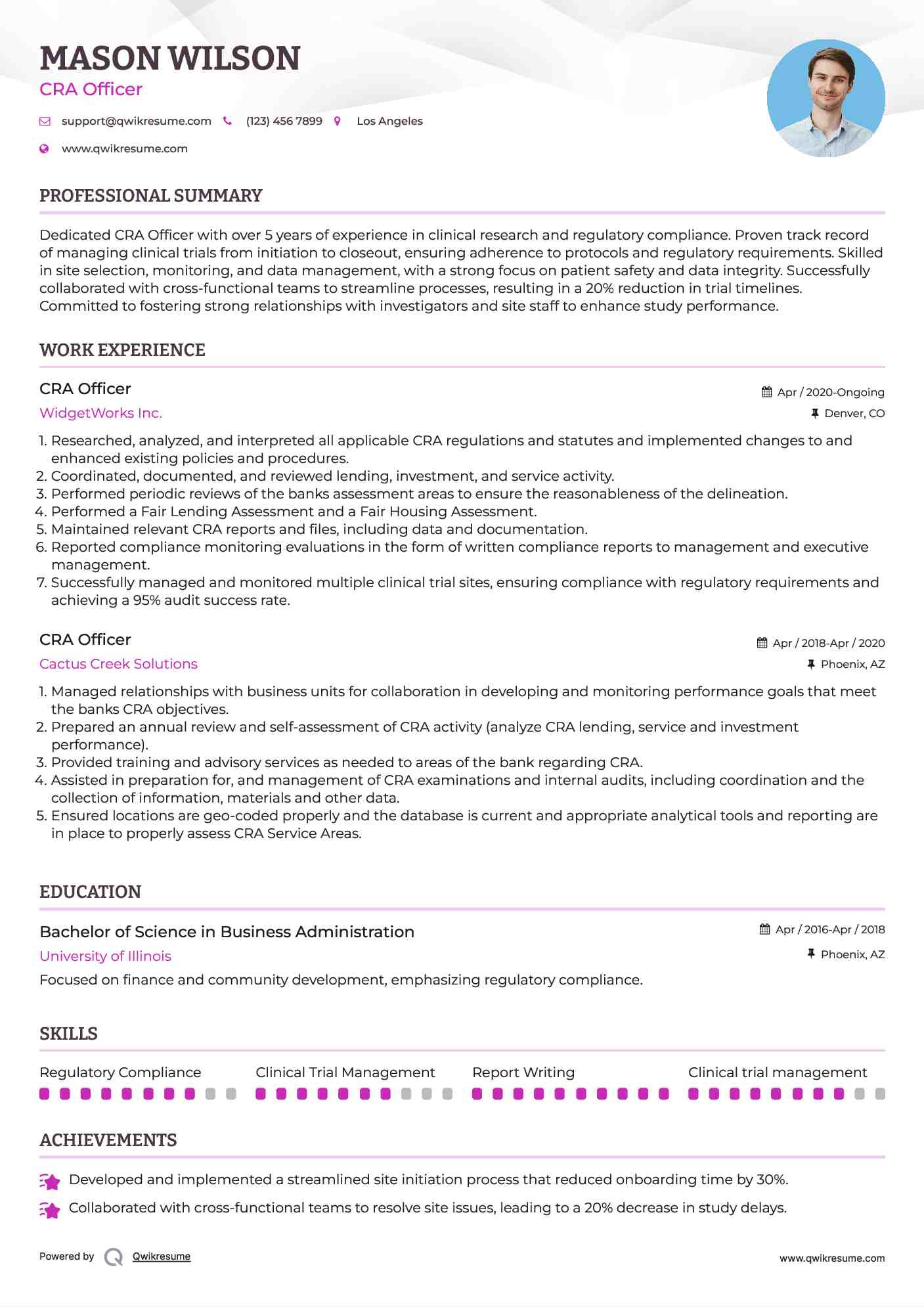 CRA Officer Resume Sample