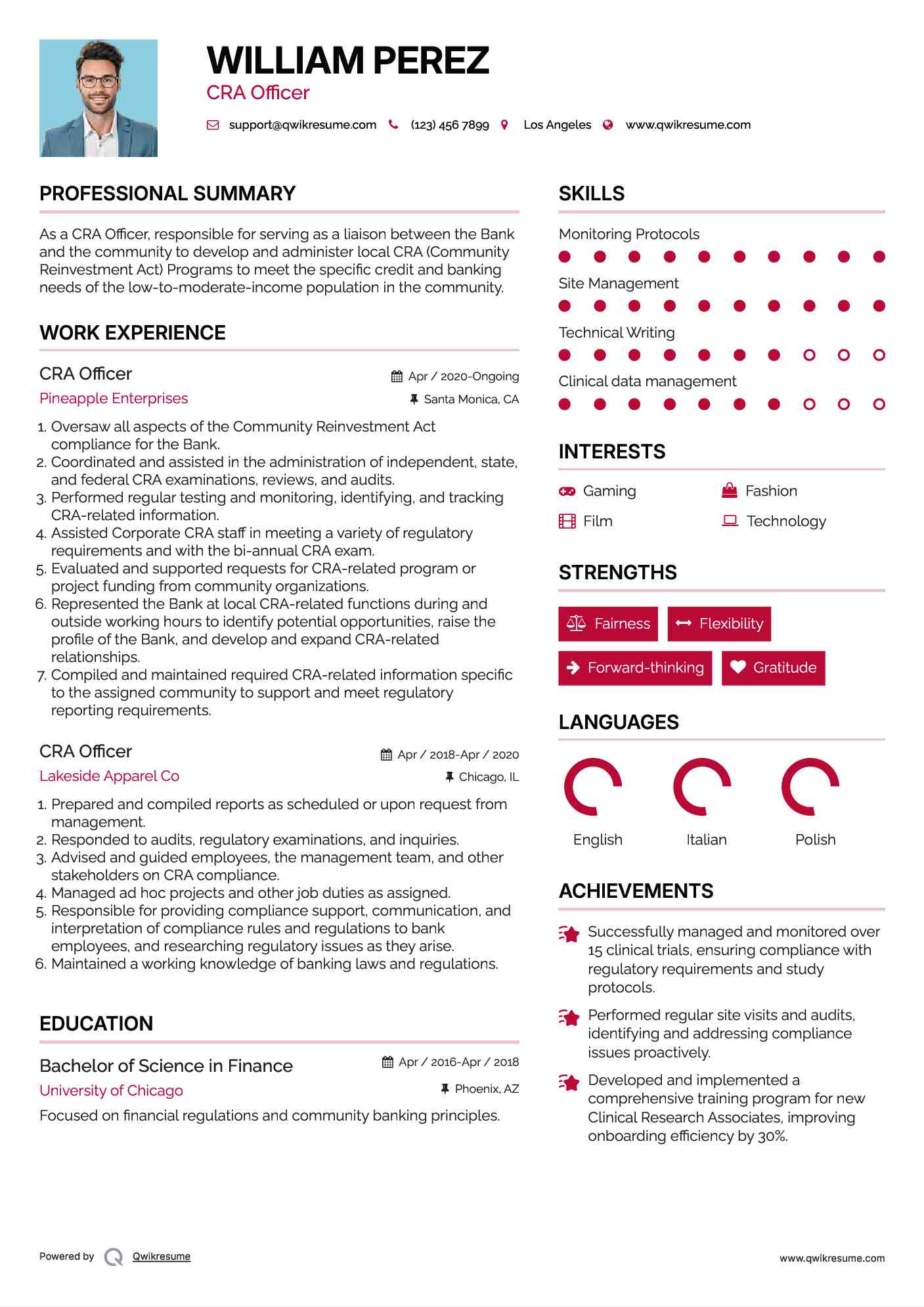 CRA Officer Resume Example