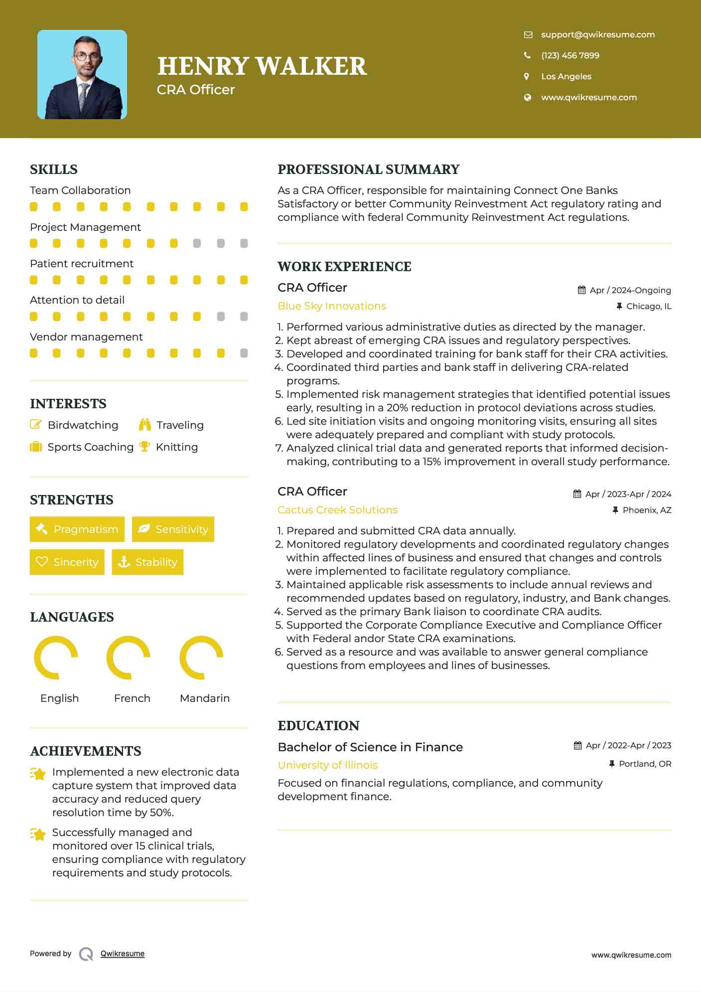 CRA Officer Resume Format