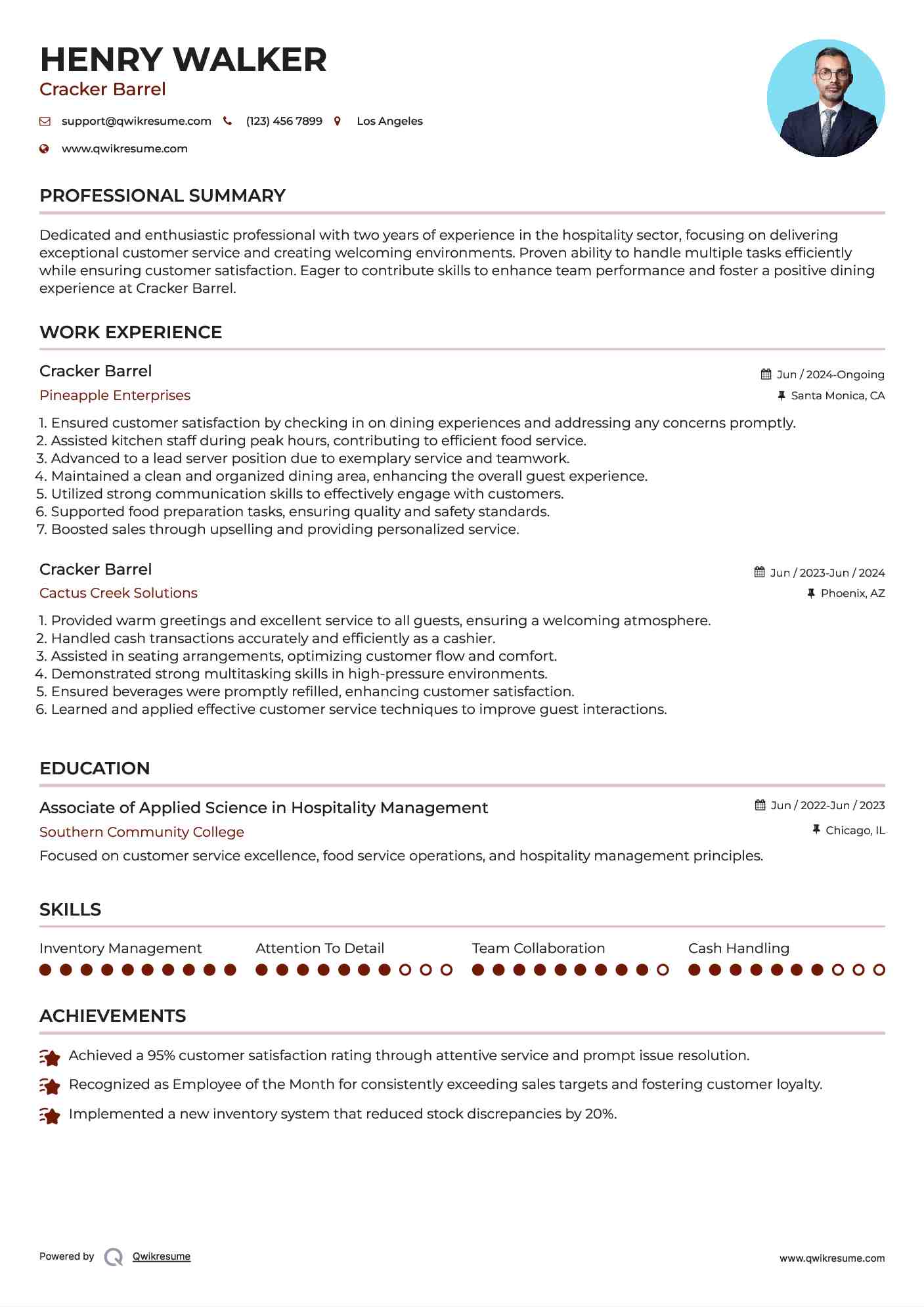 Cracker Barrel Resume Example
