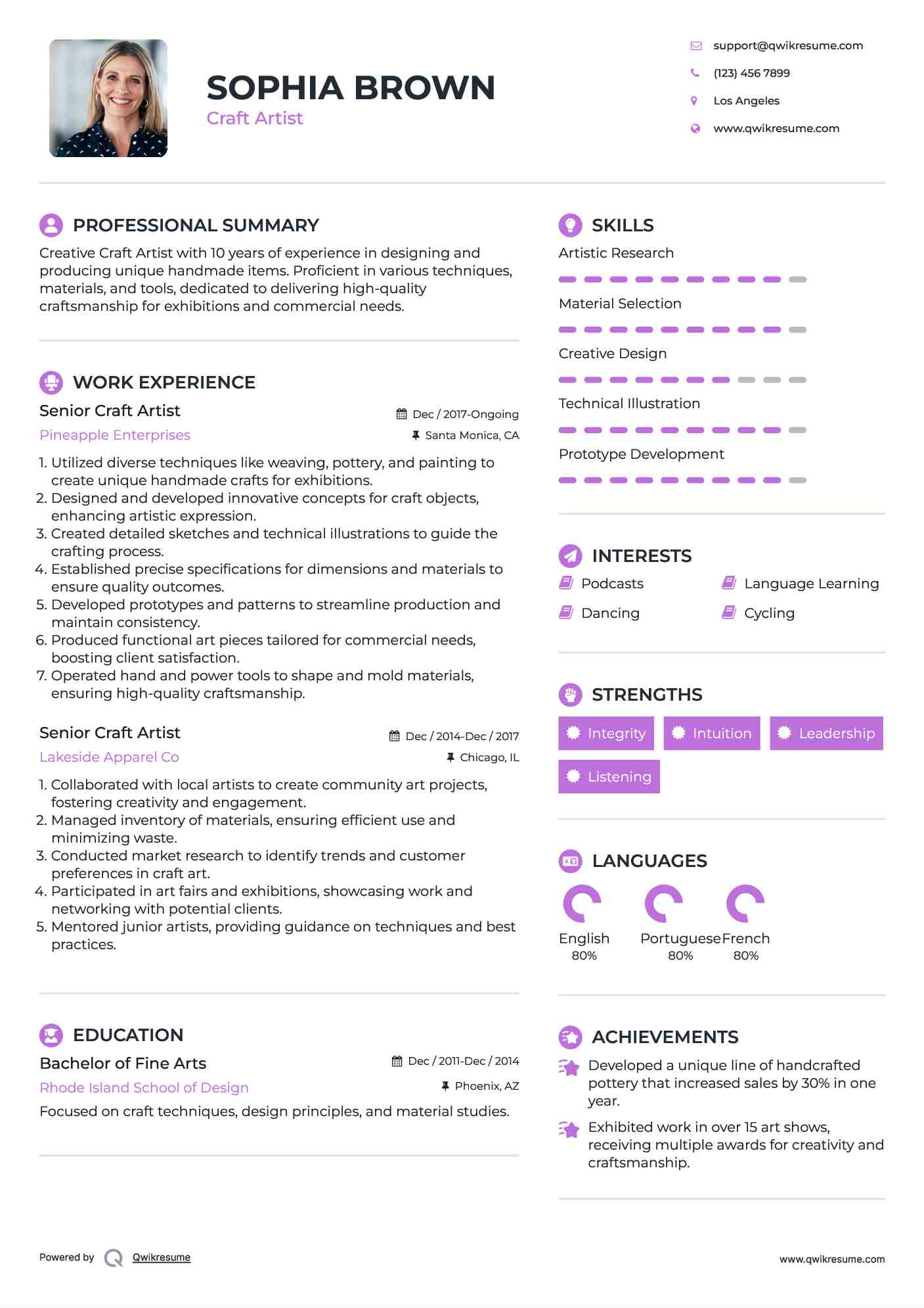 Senior Craft Artist Resume Model