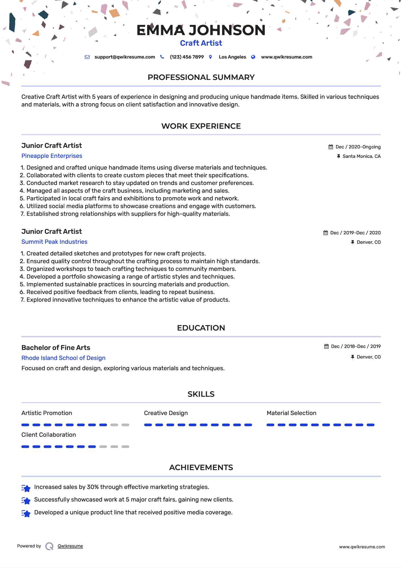 Junior Craft Artist Resume Sample