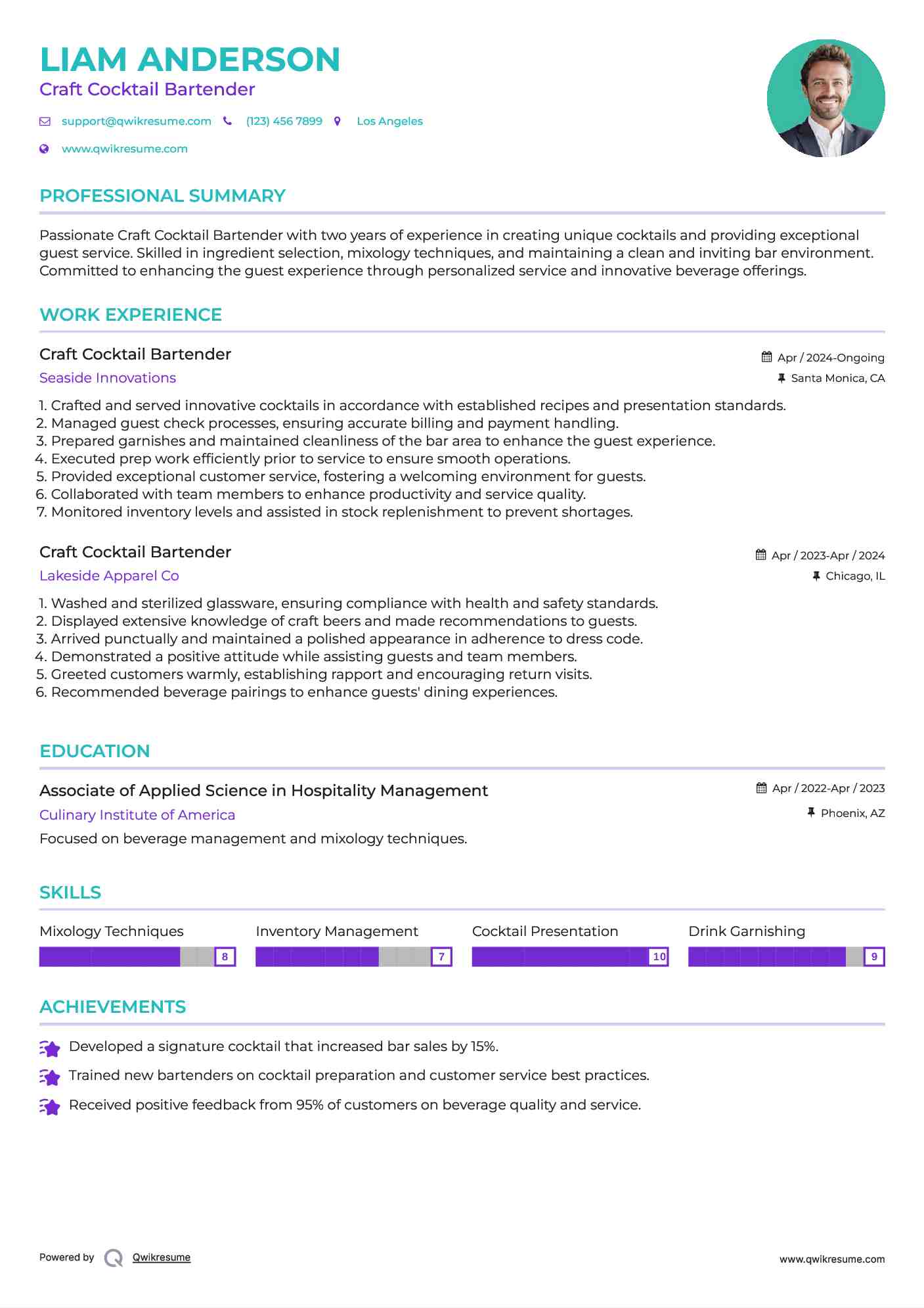 Craft Cocktail Bartender Resume Format