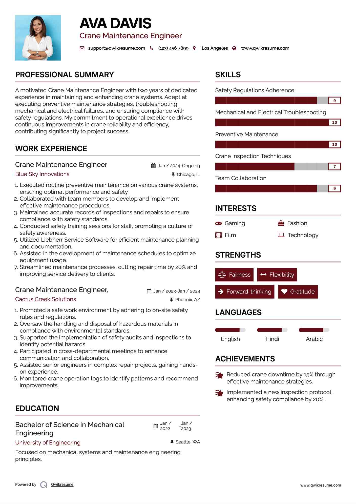 Crane Maintenance Engineer Resume Sample
