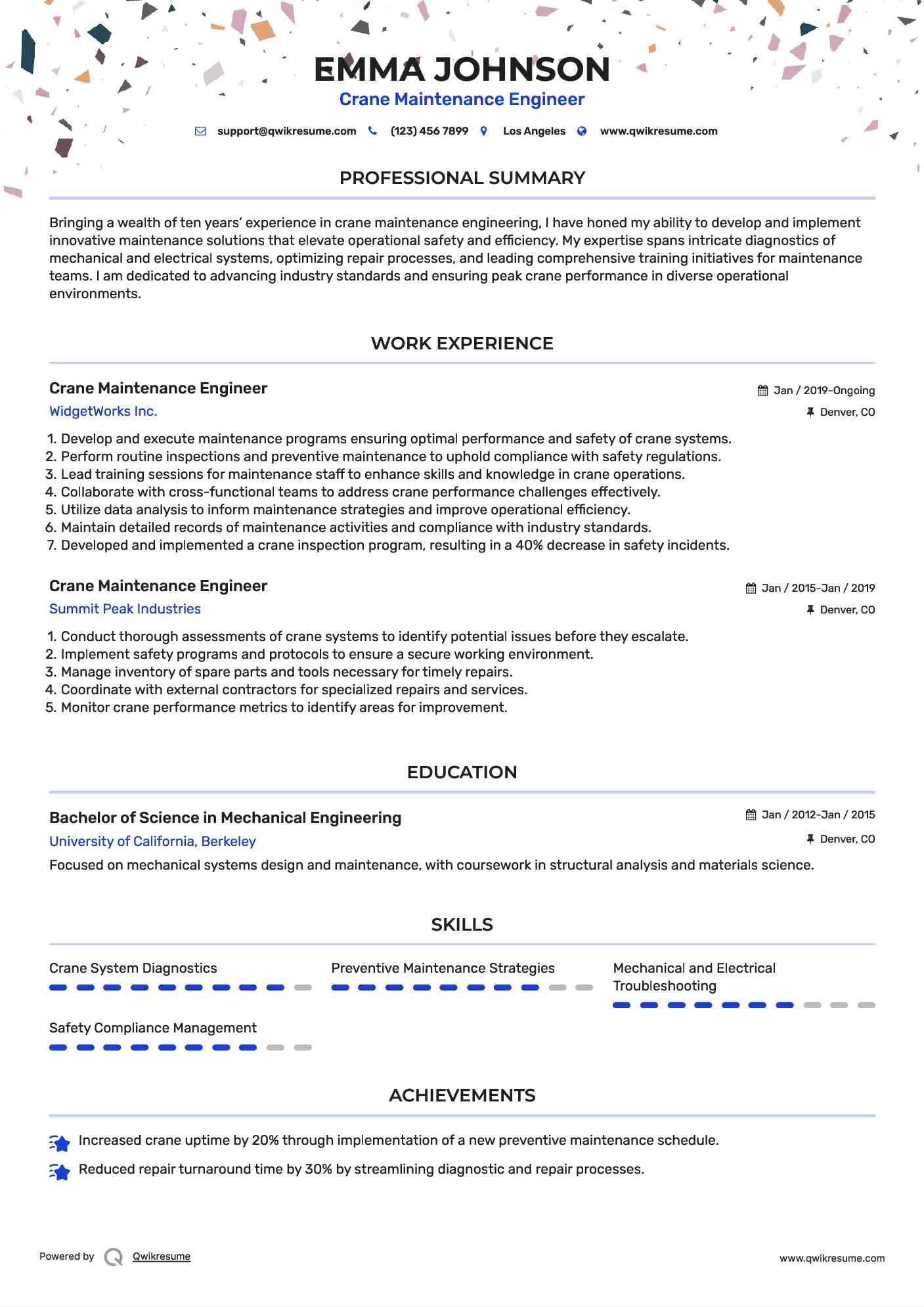 Crane Maintenance Engineer Resume Example