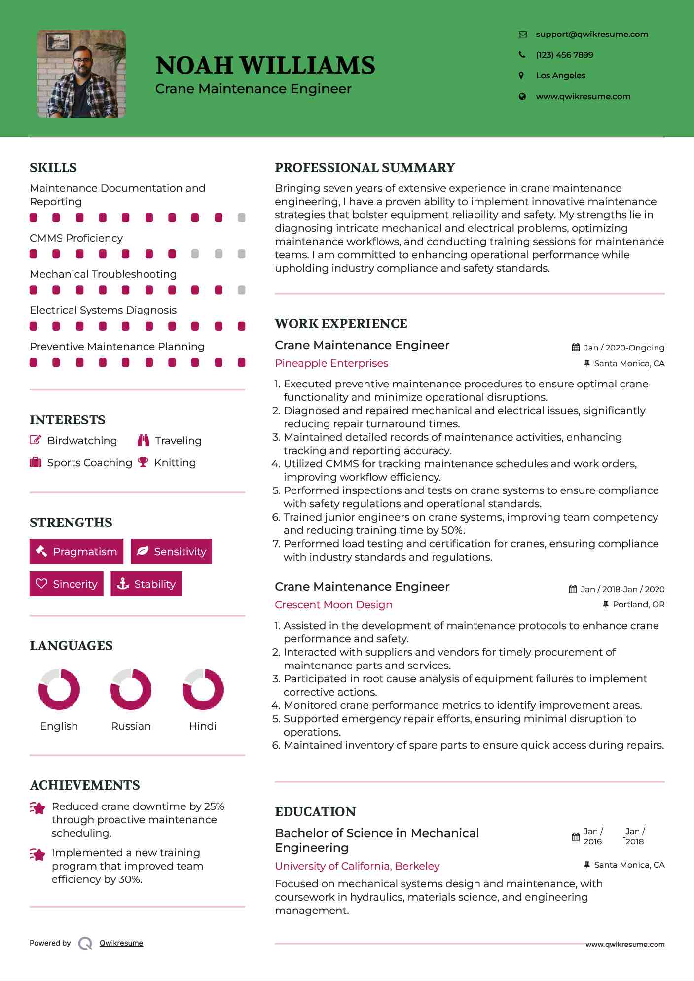 Crane Maintenance Engineer Resume Template