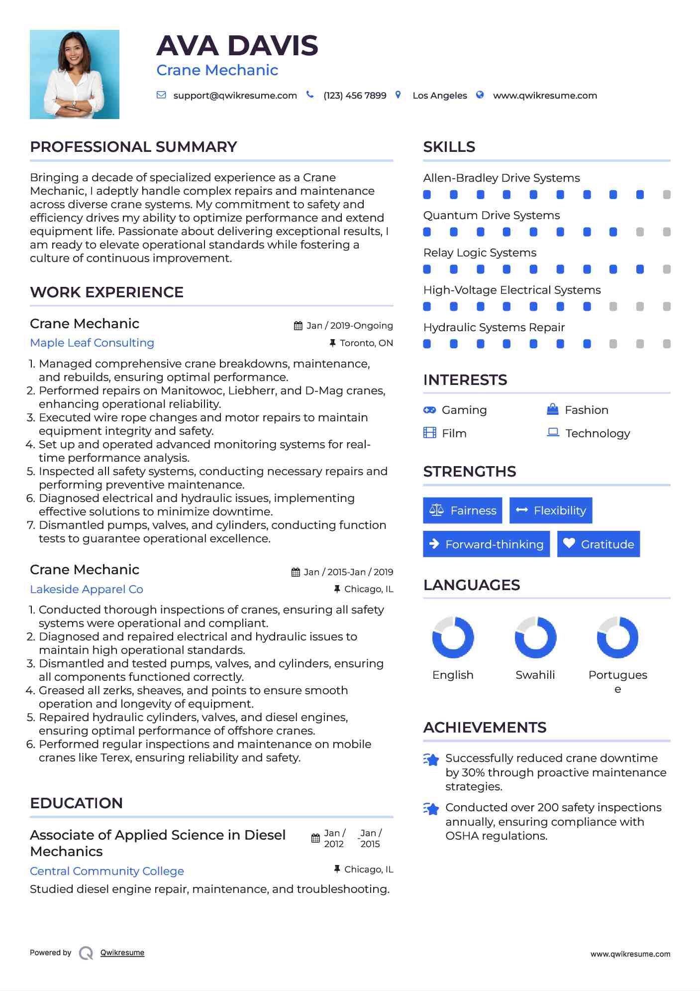 Crane Mechanic Resume Sample
