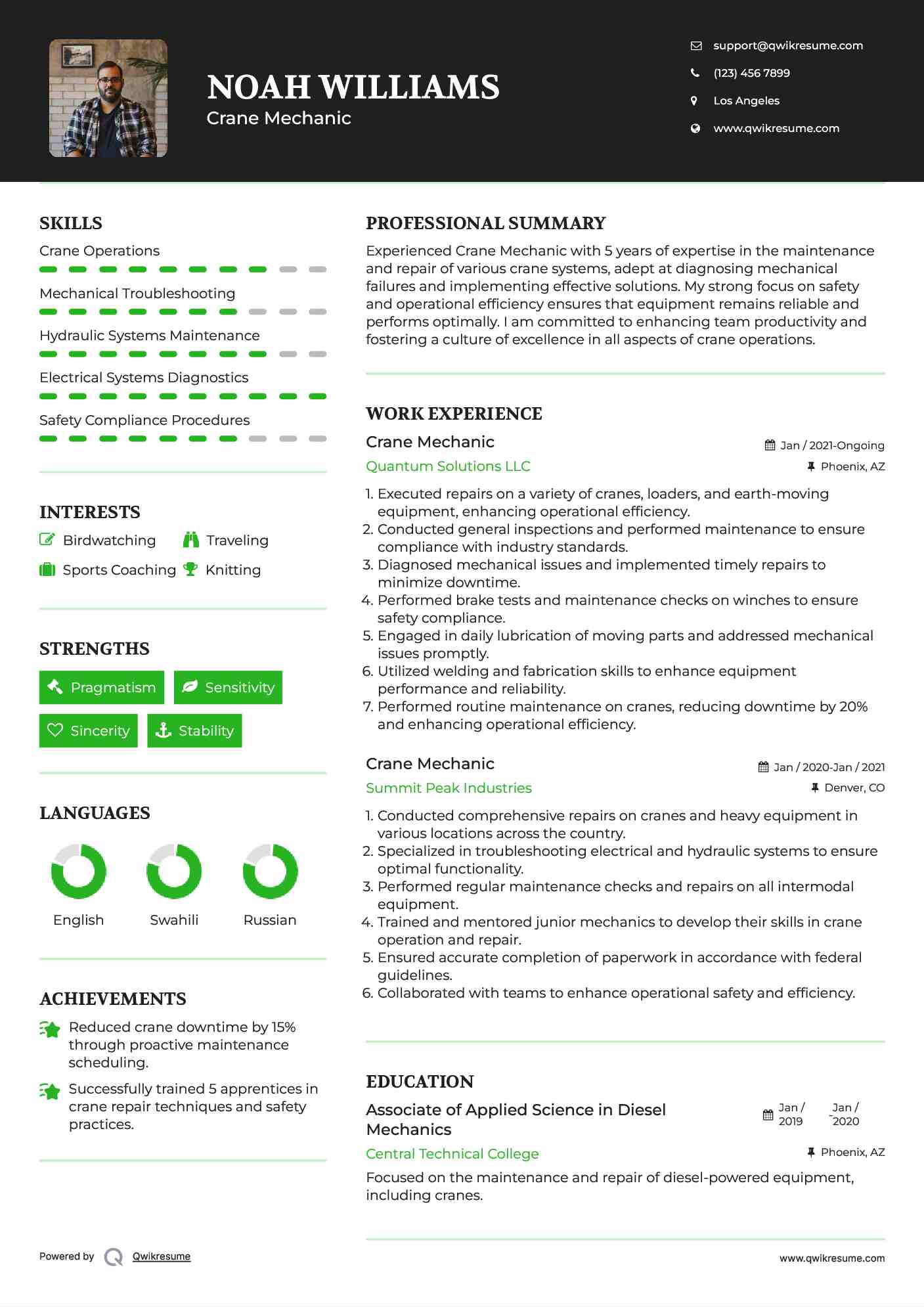 Crane Mechanic Resume Sample