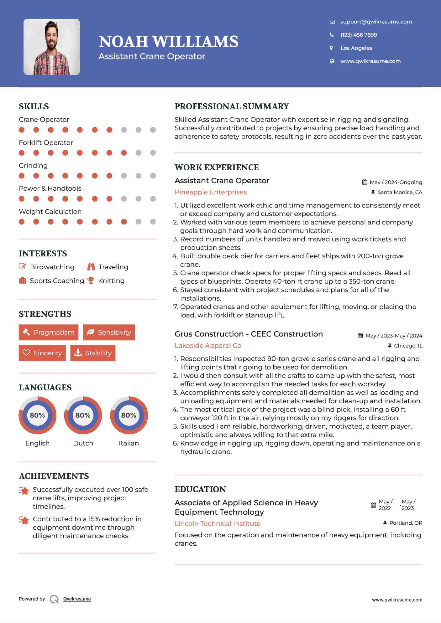 Assistant Crane Operator Resume Template