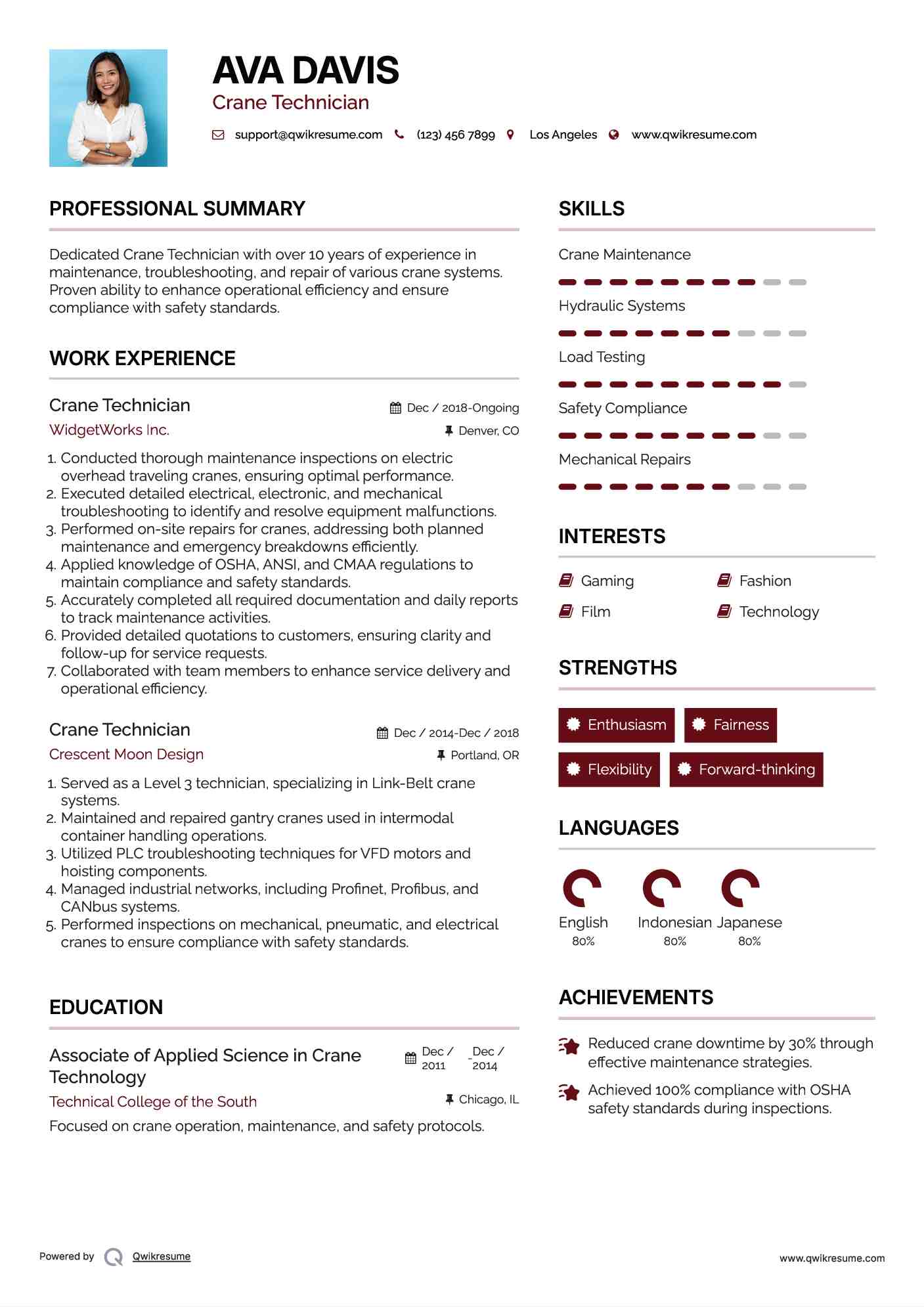 Crane Technician Resume Sample