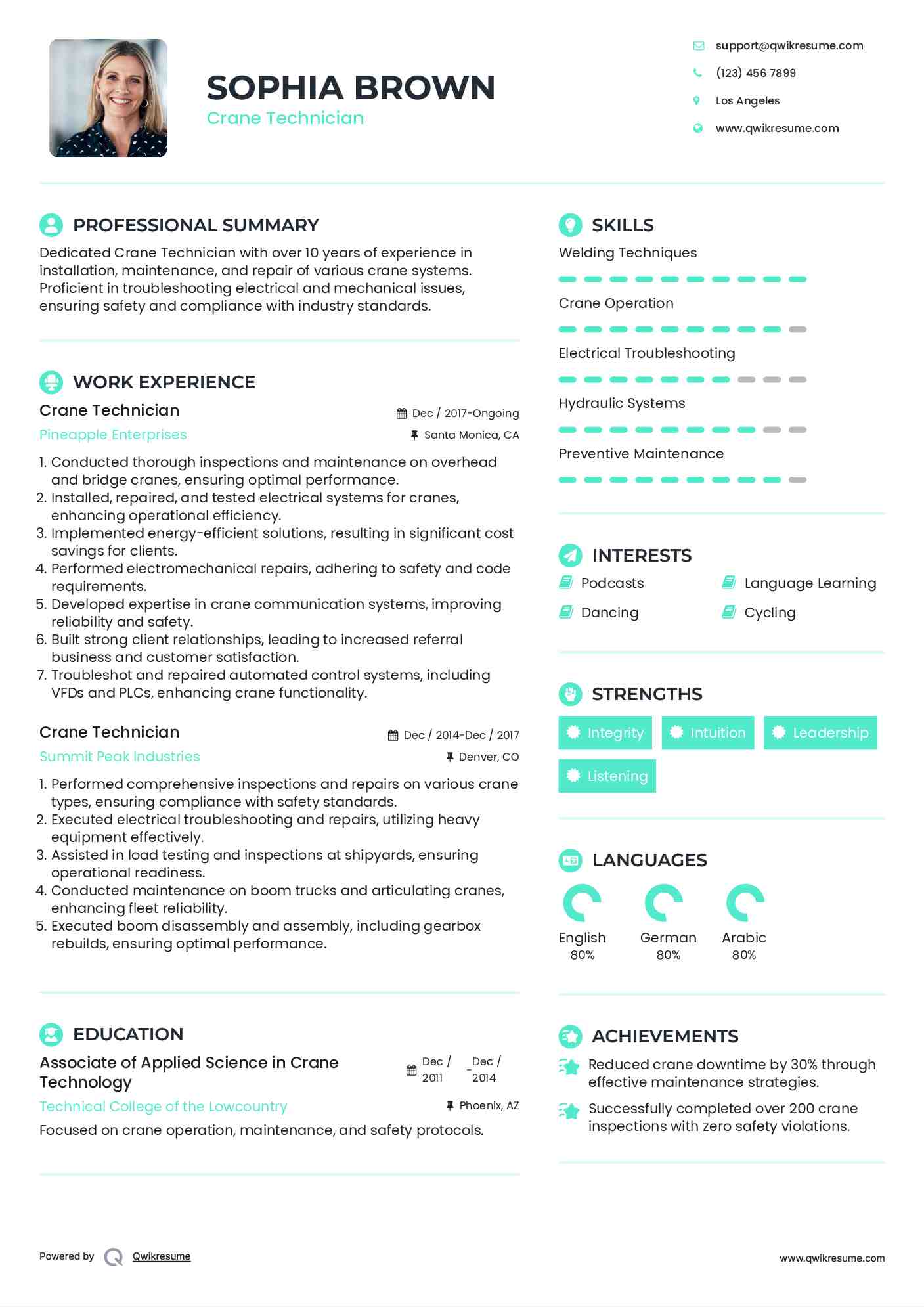 Crane Technician Resume Example