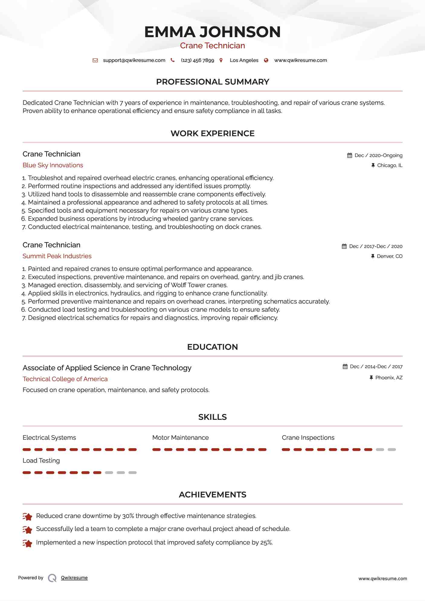 Crane Technician Resume Sample