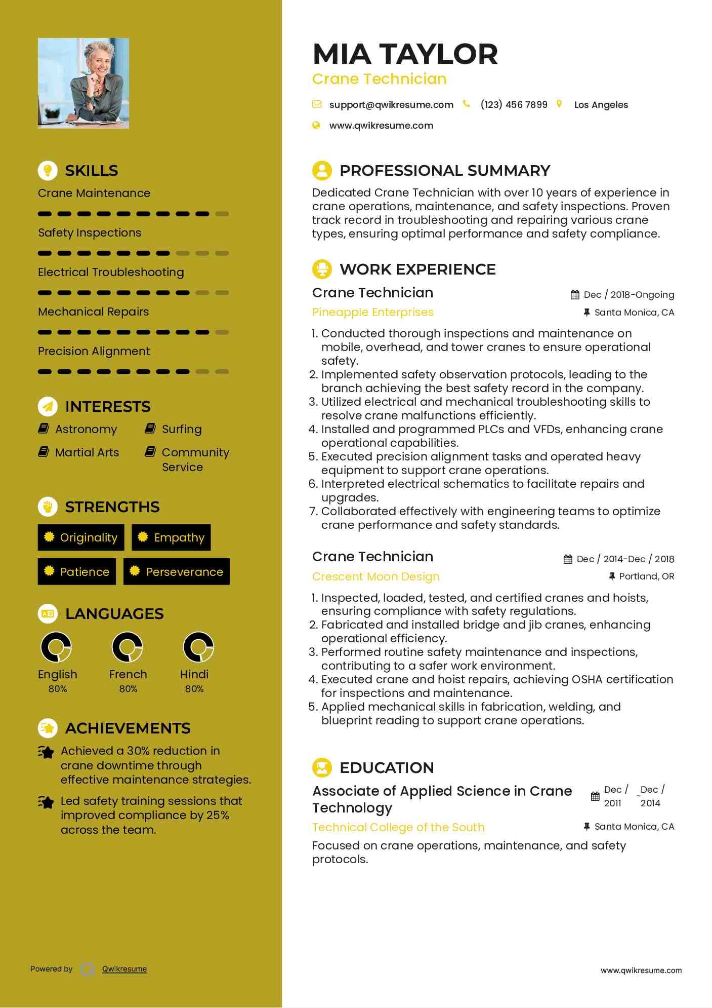 Crane Technician Resume Samples QwikResume