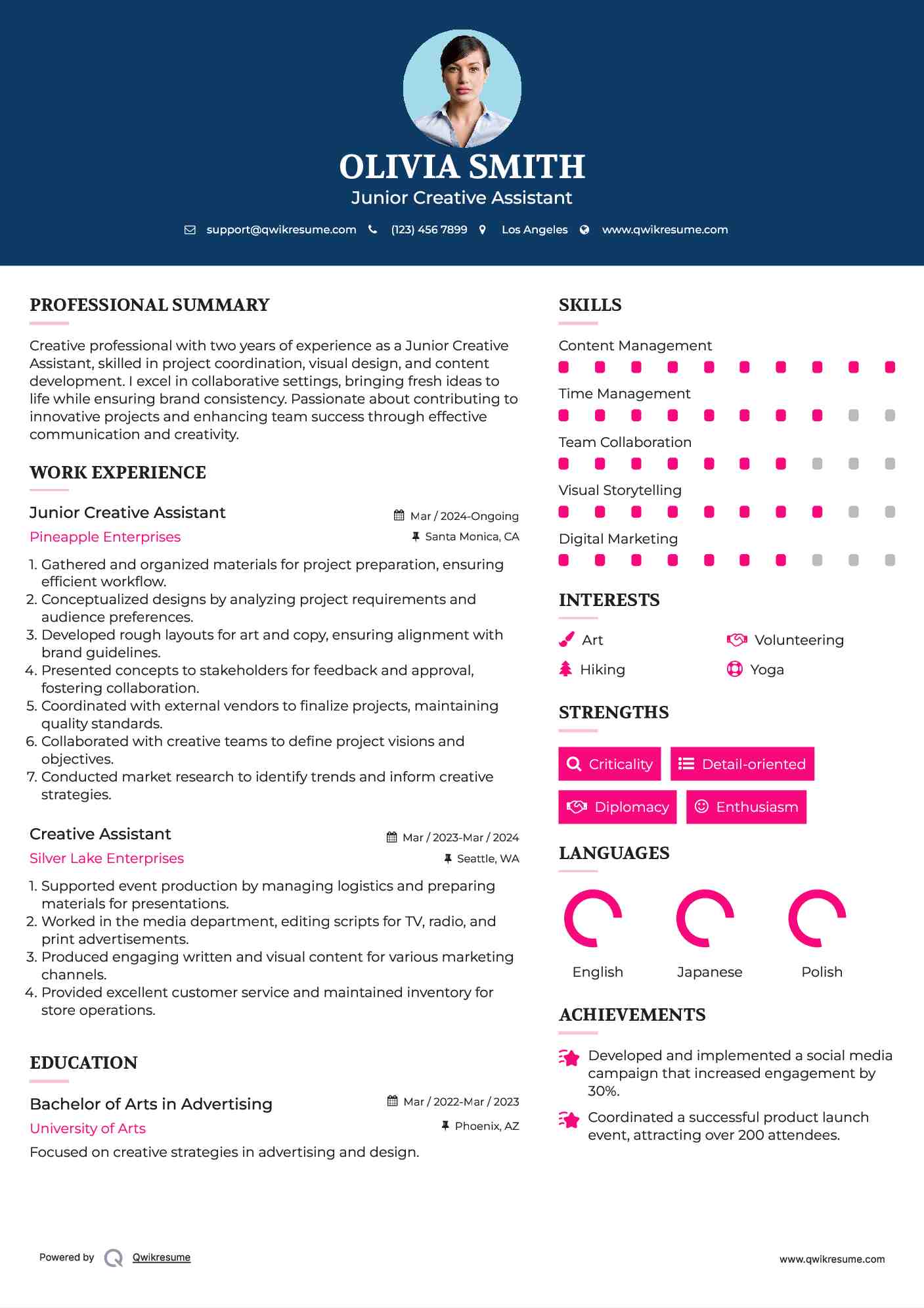 Junior Creative Assistant Resume Sample