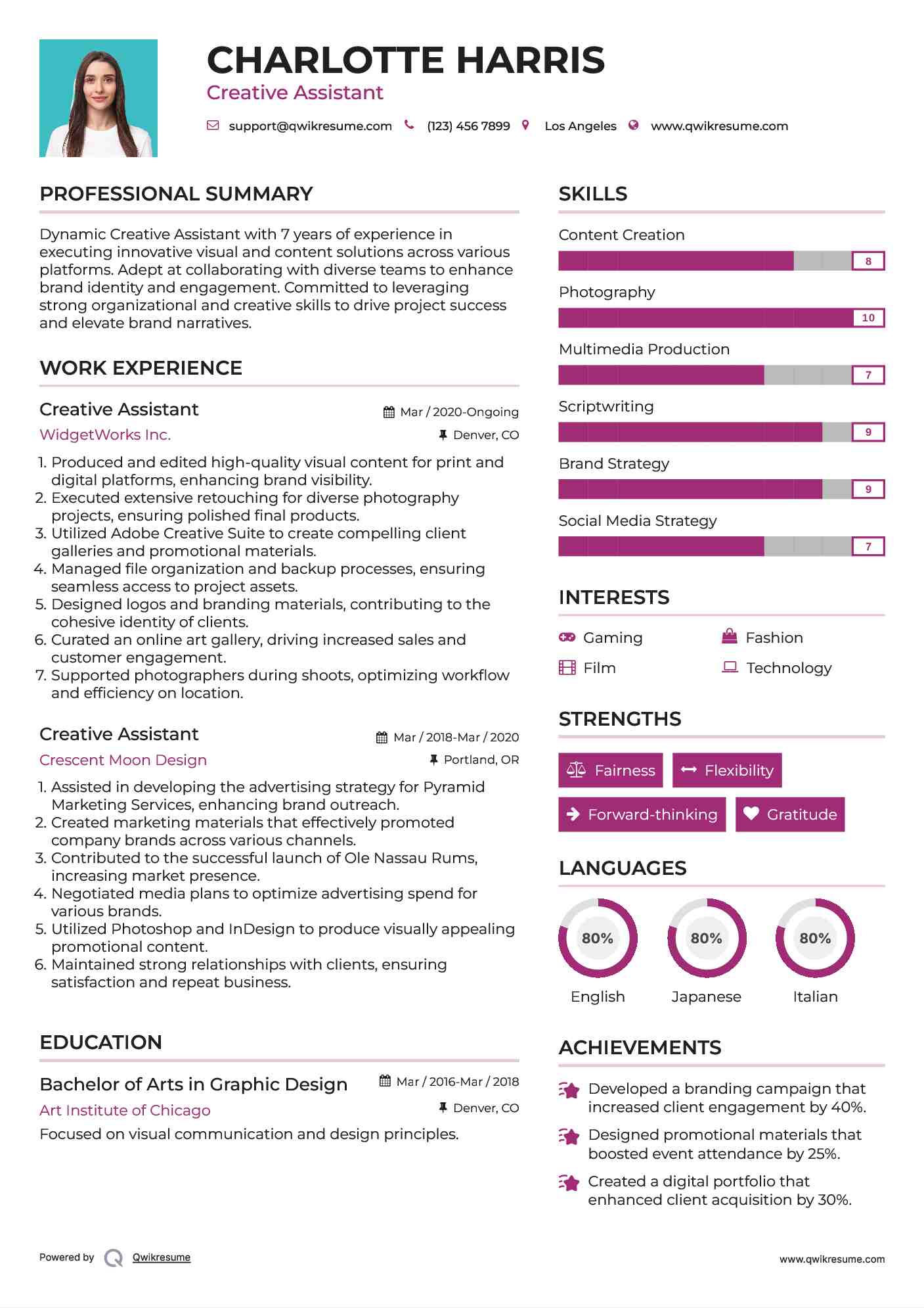 Creative Assistant Resume Example