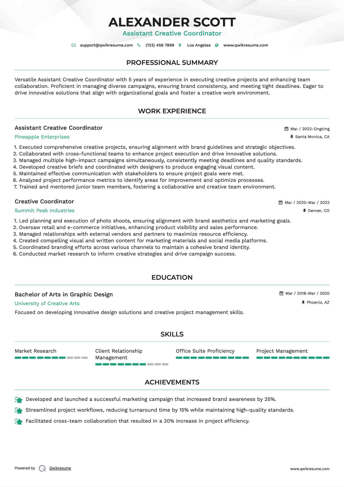 Assistant Creative Coordinator Resume Model