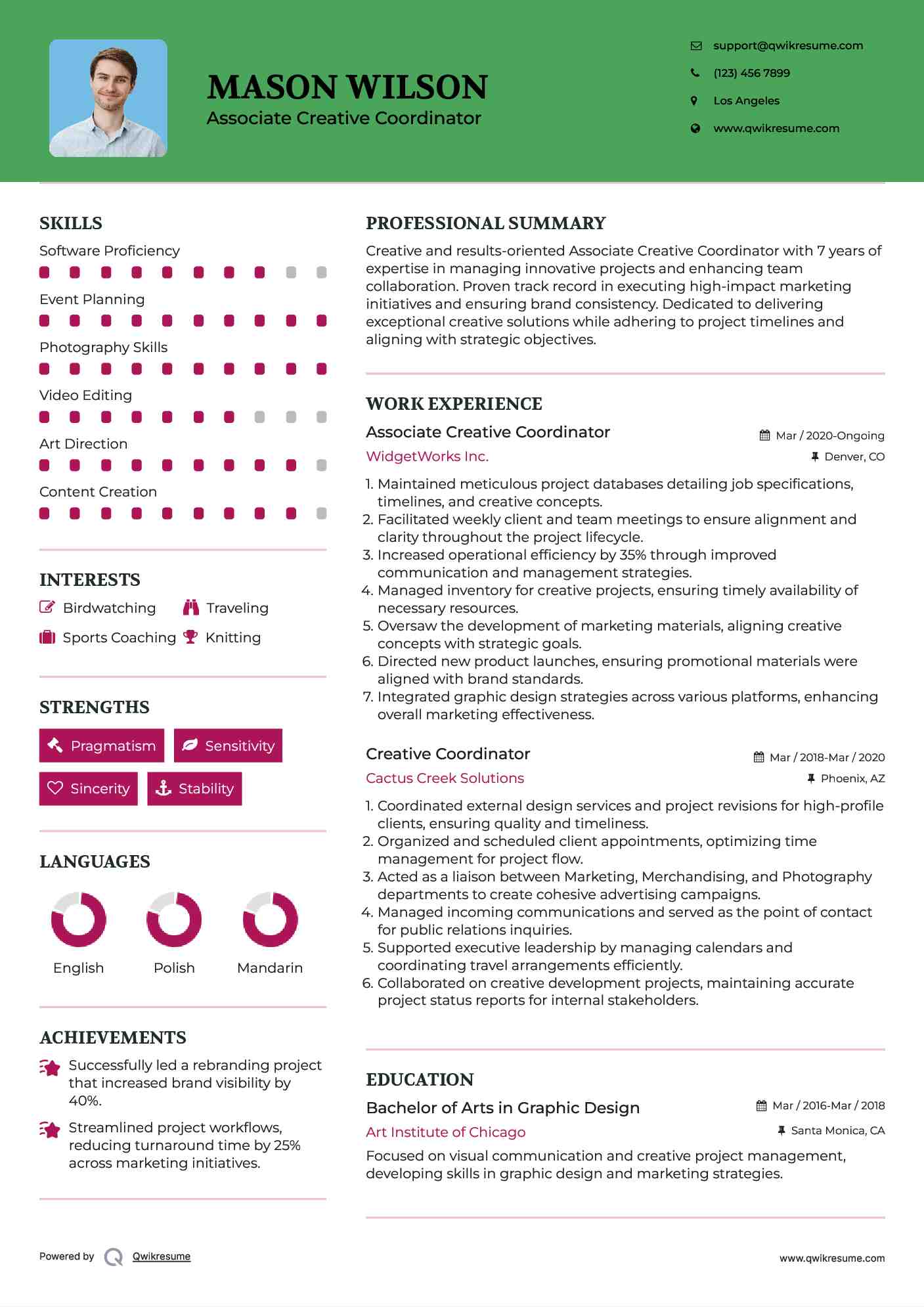 Associate Creative Coordinator Resume Example