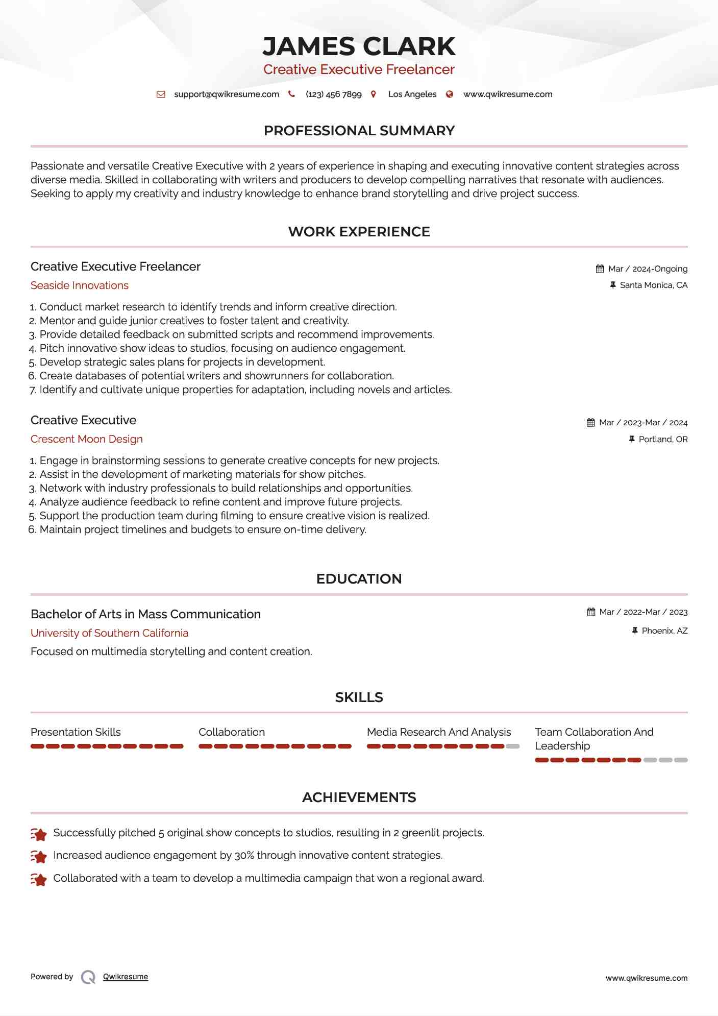 Creative Executive Freelancer Resume Format