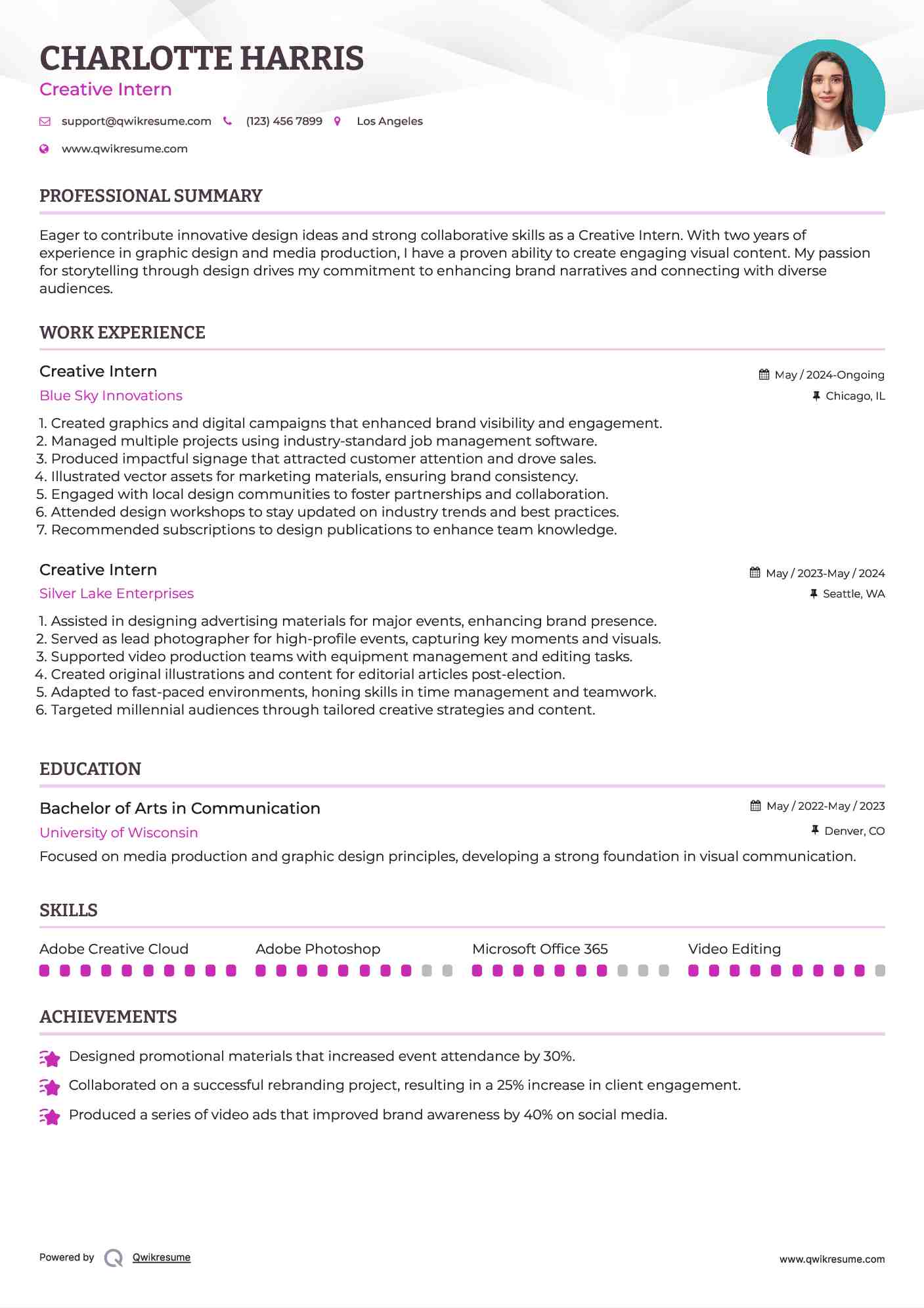 Creative Intern Resume Example