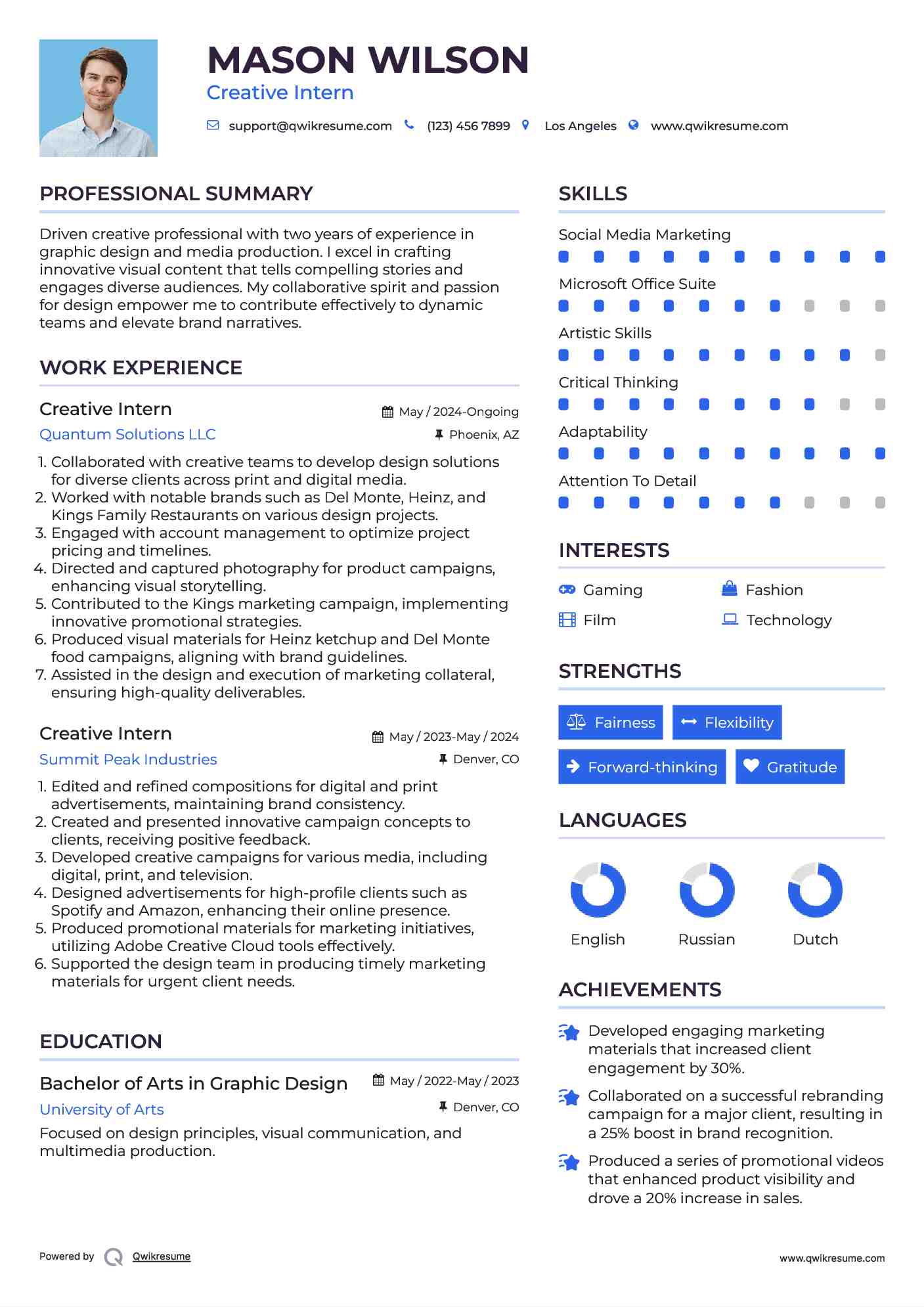 Creative Intern Resume Example