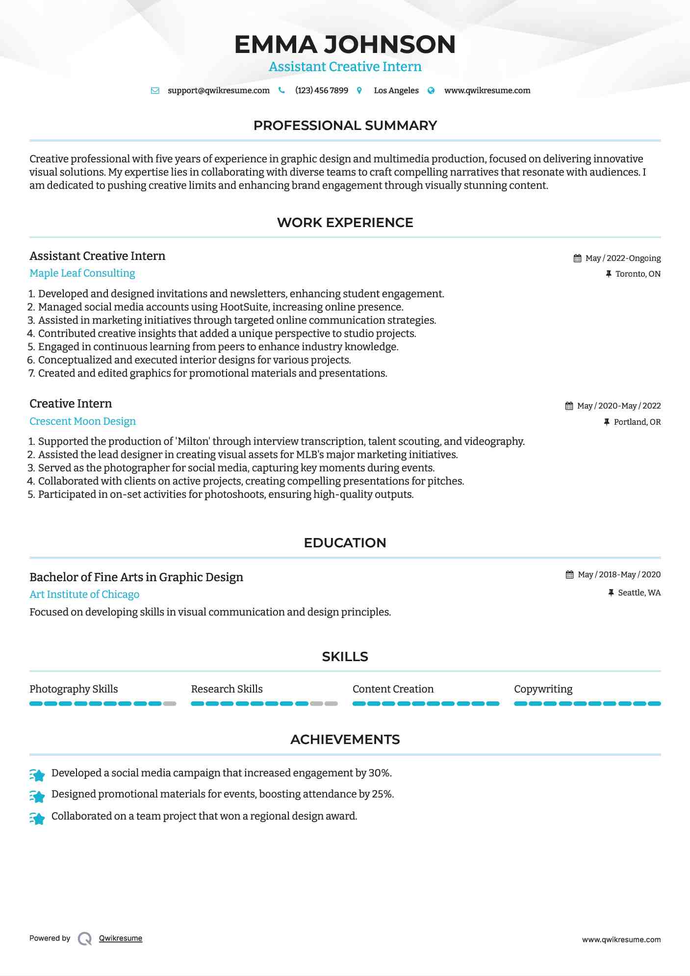 Assistant Creative Intern Resume Template