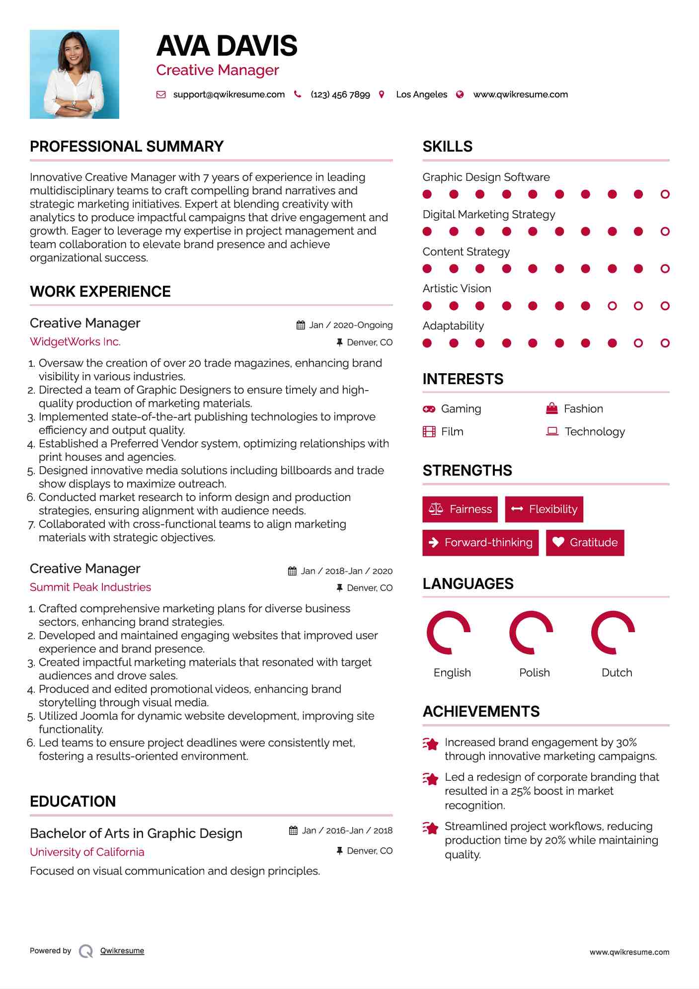 Creative Manager Resume Sample