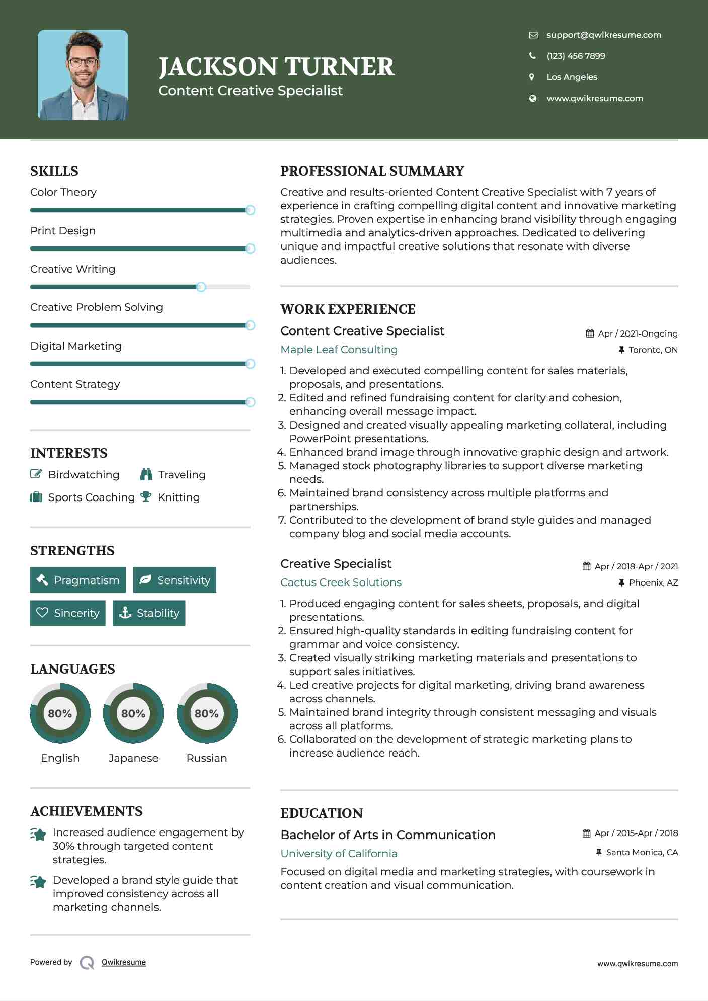 Content Creative Specialist Resume Model