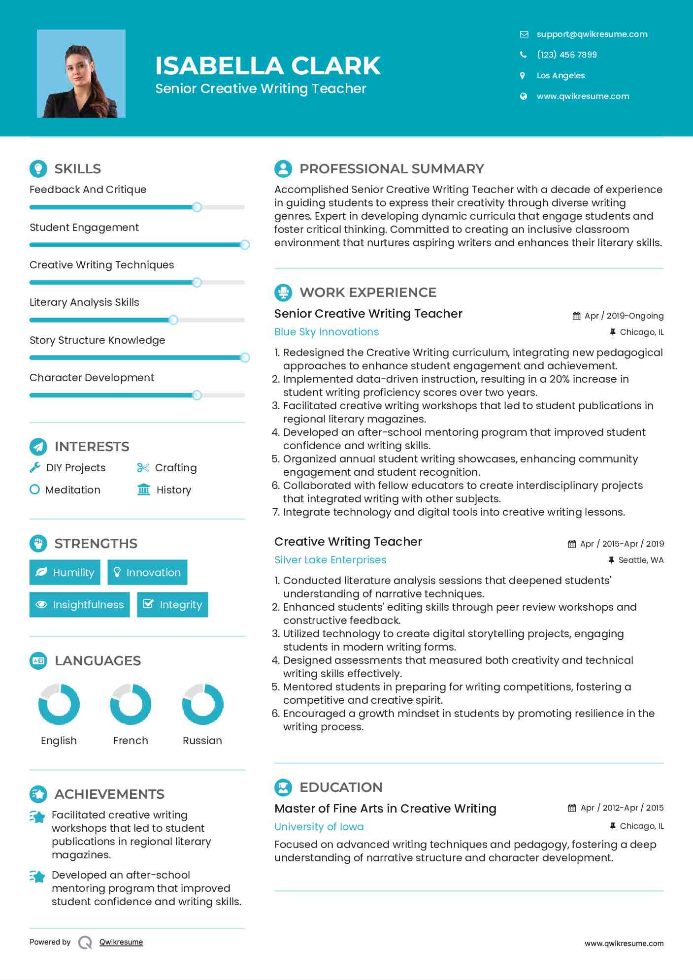 Senior Creative Writing Teacher Resume Format