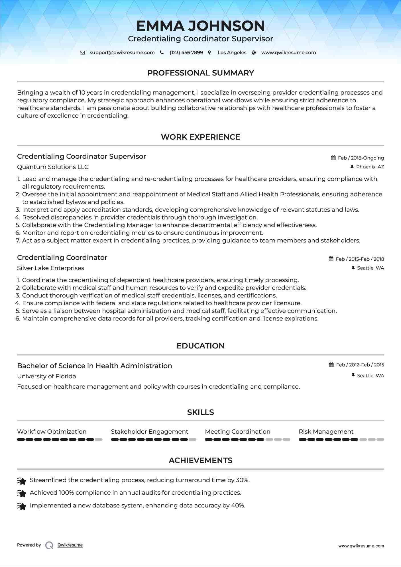 Credentialing Coordinator Supervisor Resume Model