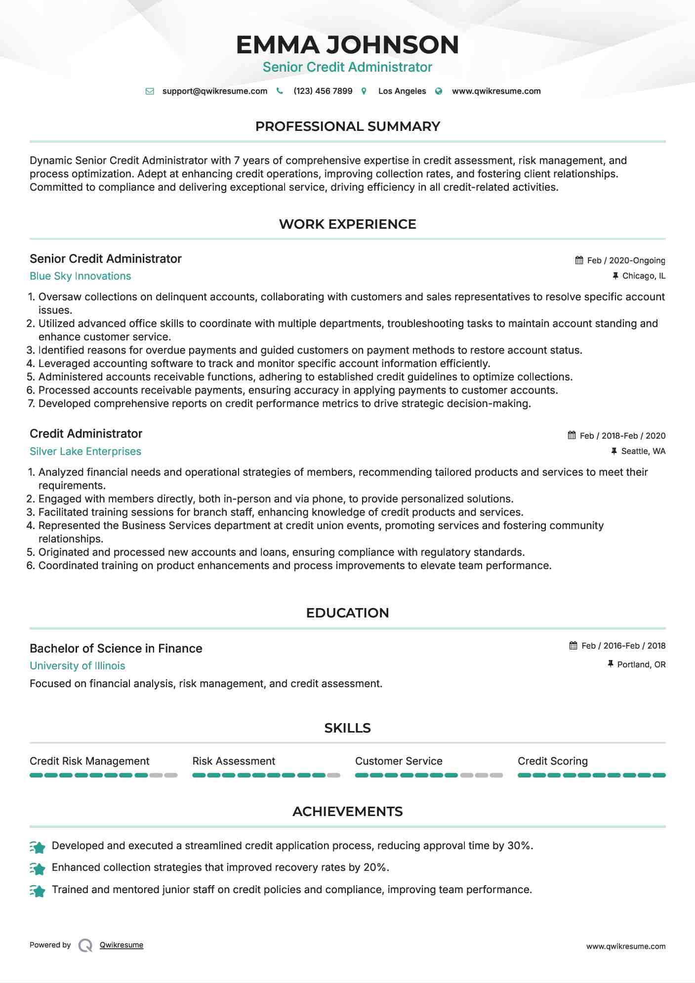 Senior Credit Administrator Resume Example