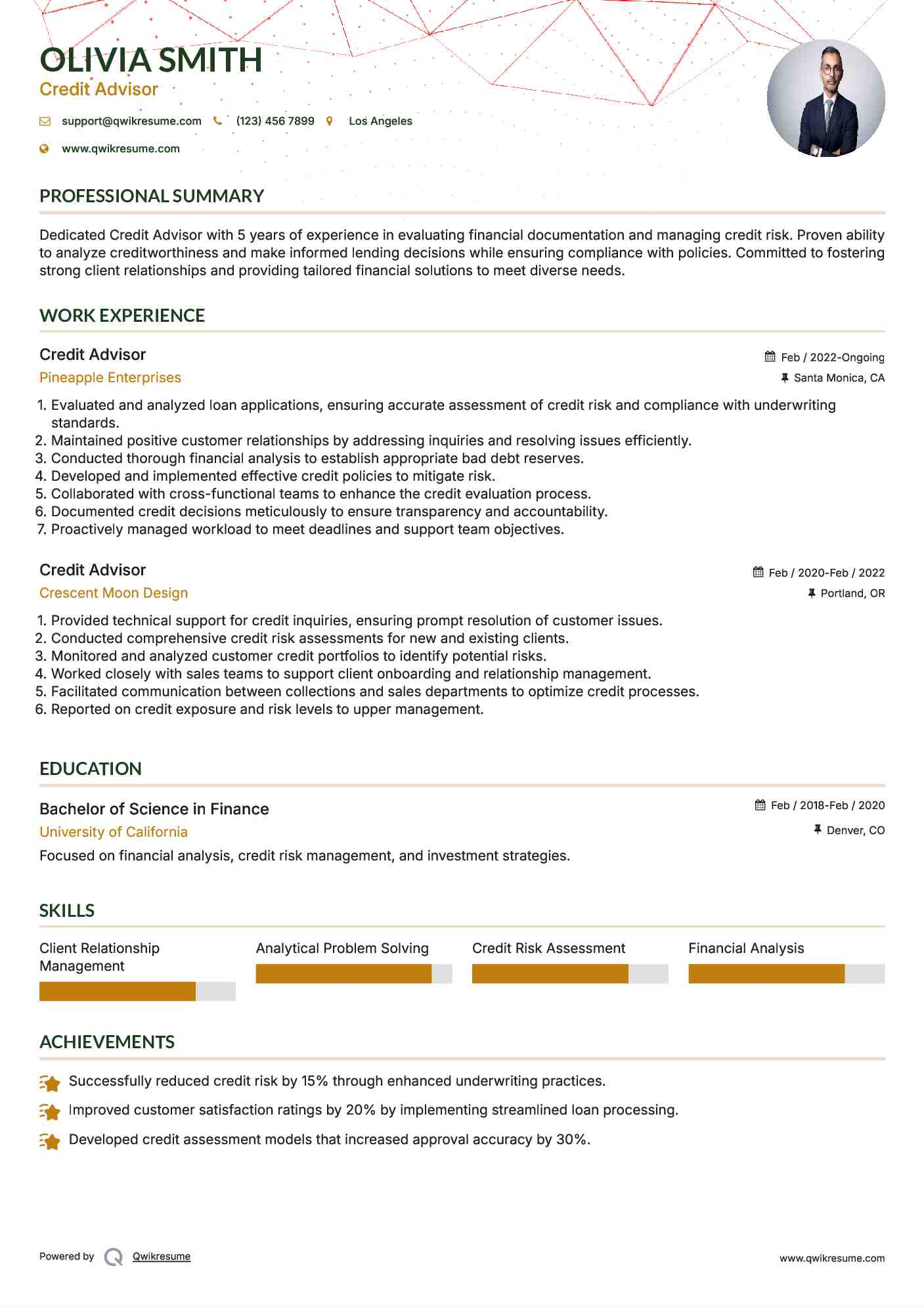 Credit Advisor Resume Example