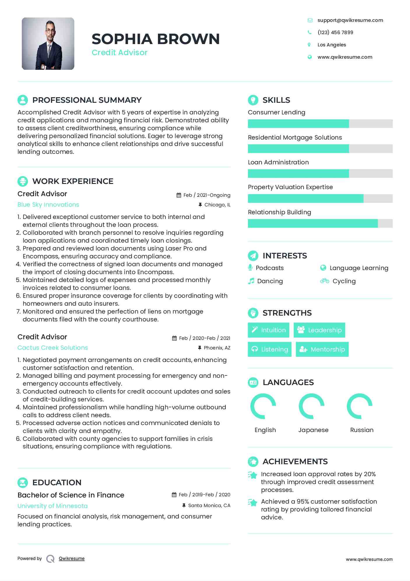 Credit Advisor Resume Format