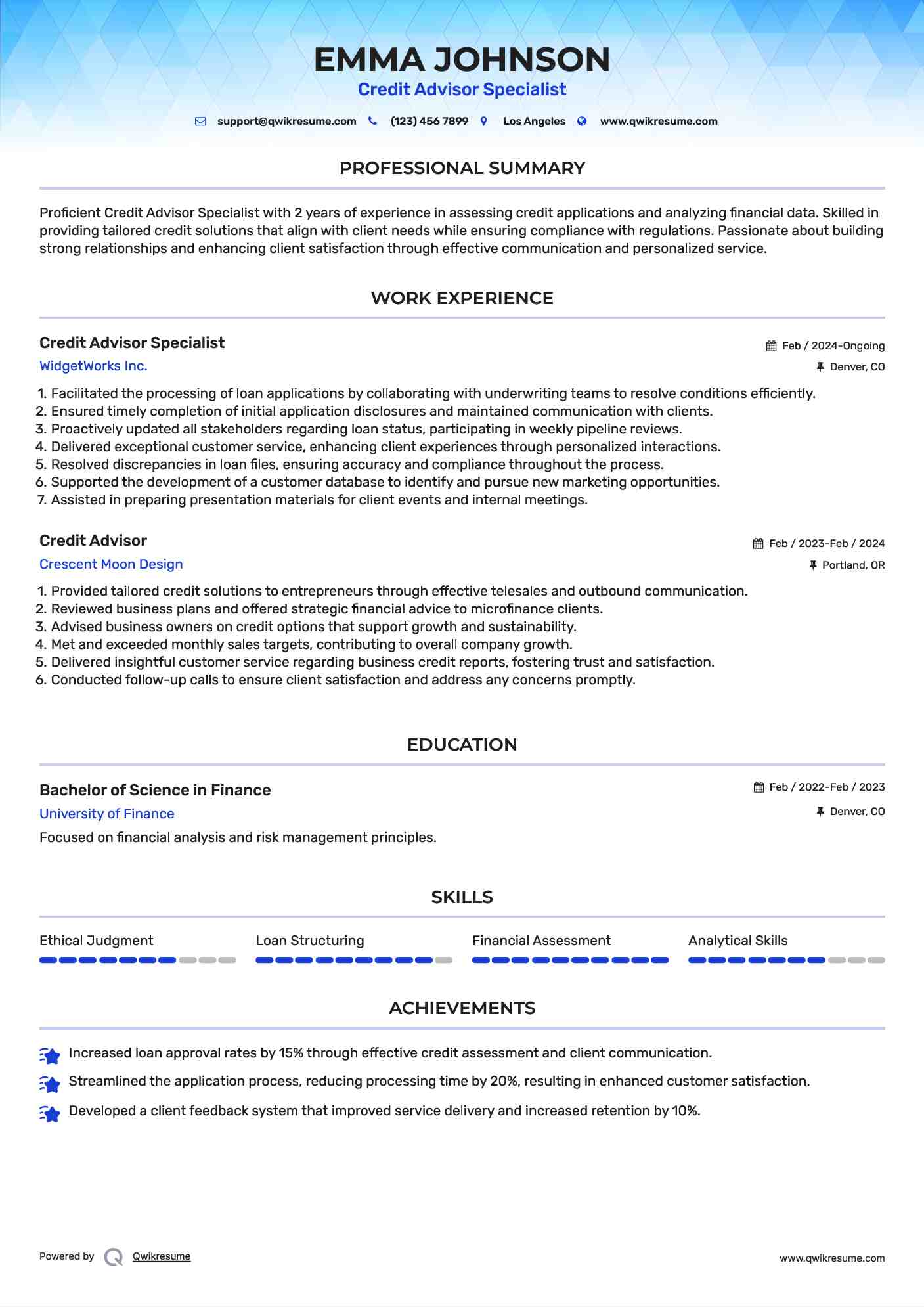 Credit Advisor Specialist Resume Sample