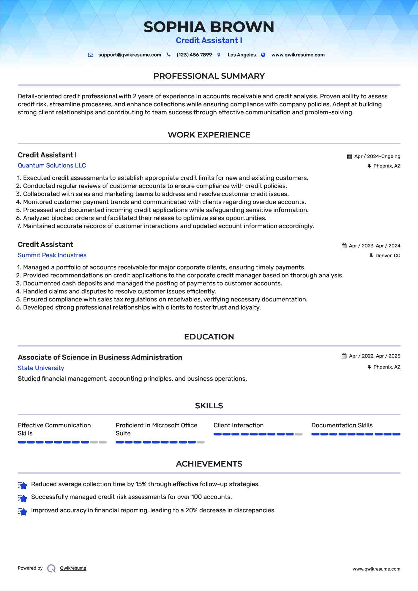 Credit Assistant I Resume Sample