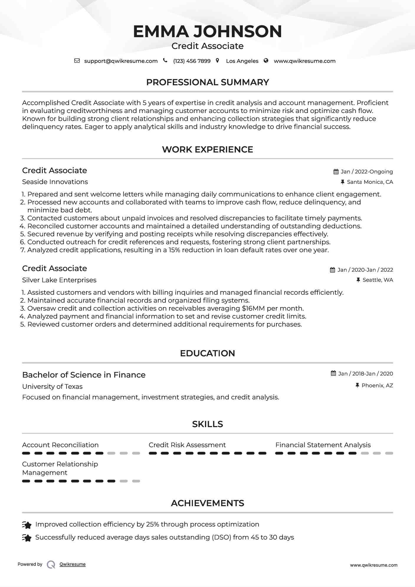 Credit Associate Resume Example