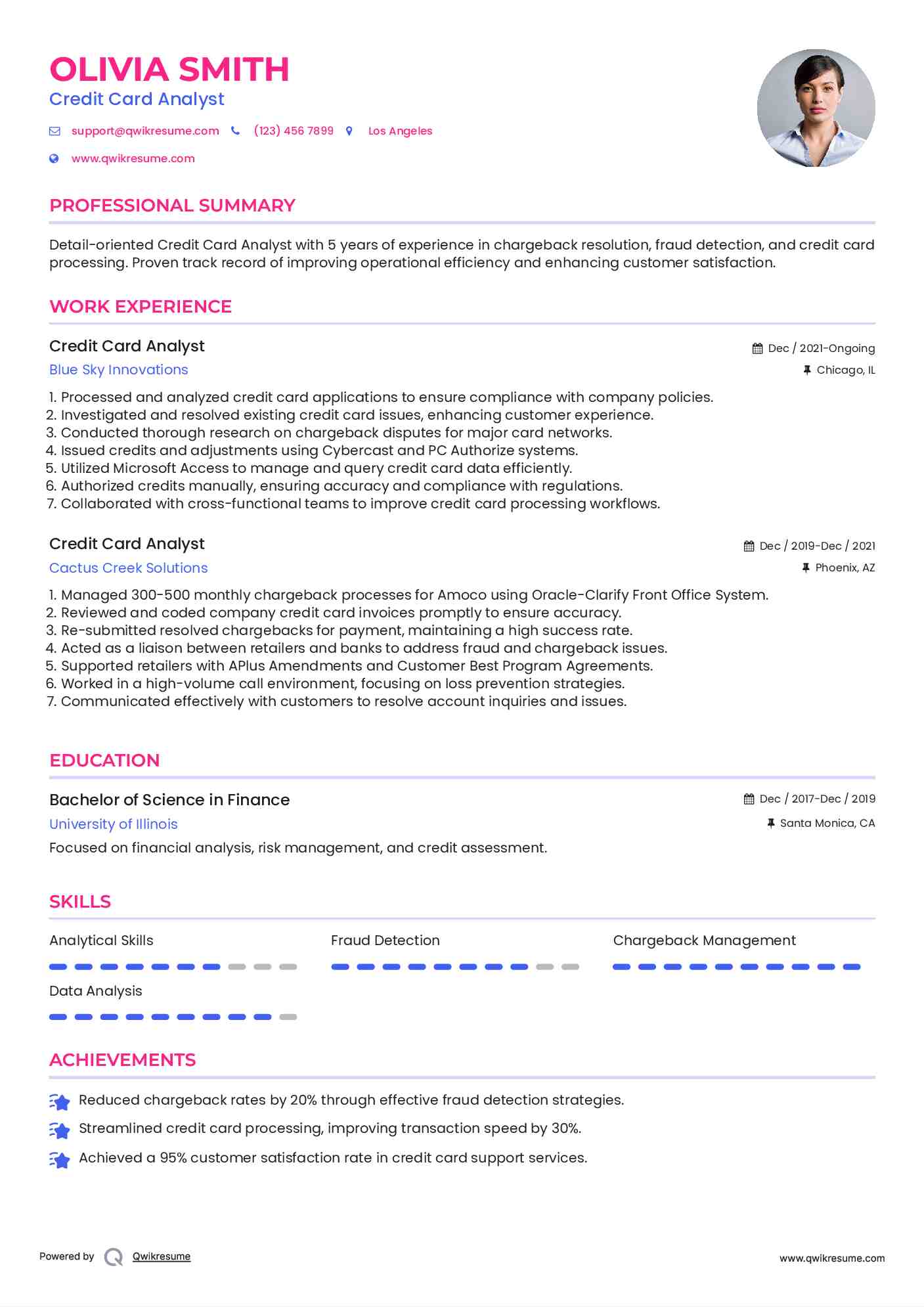 Credit Card Analyst Resume Sample