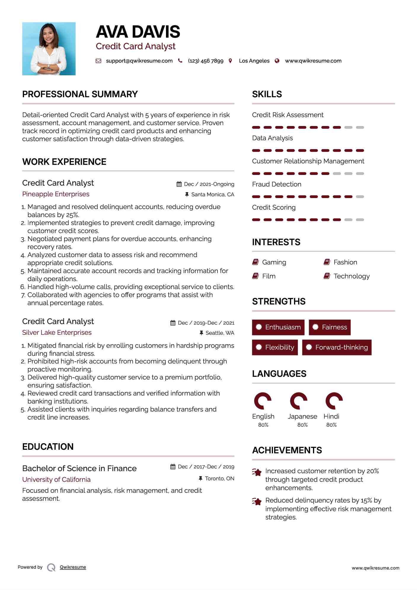 Credit Card Analyst Resume Example
