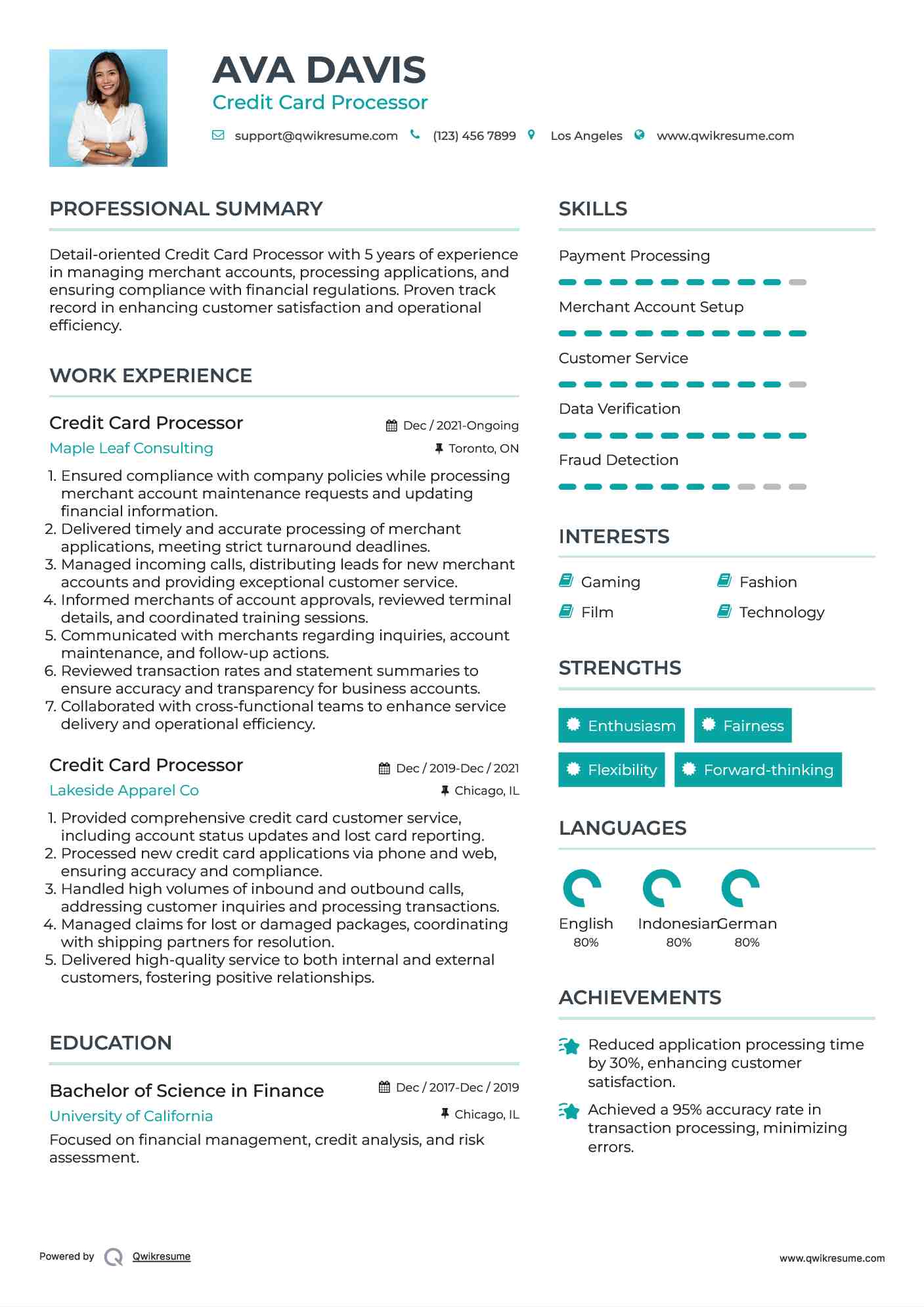 Credit Card Processor Resume Format