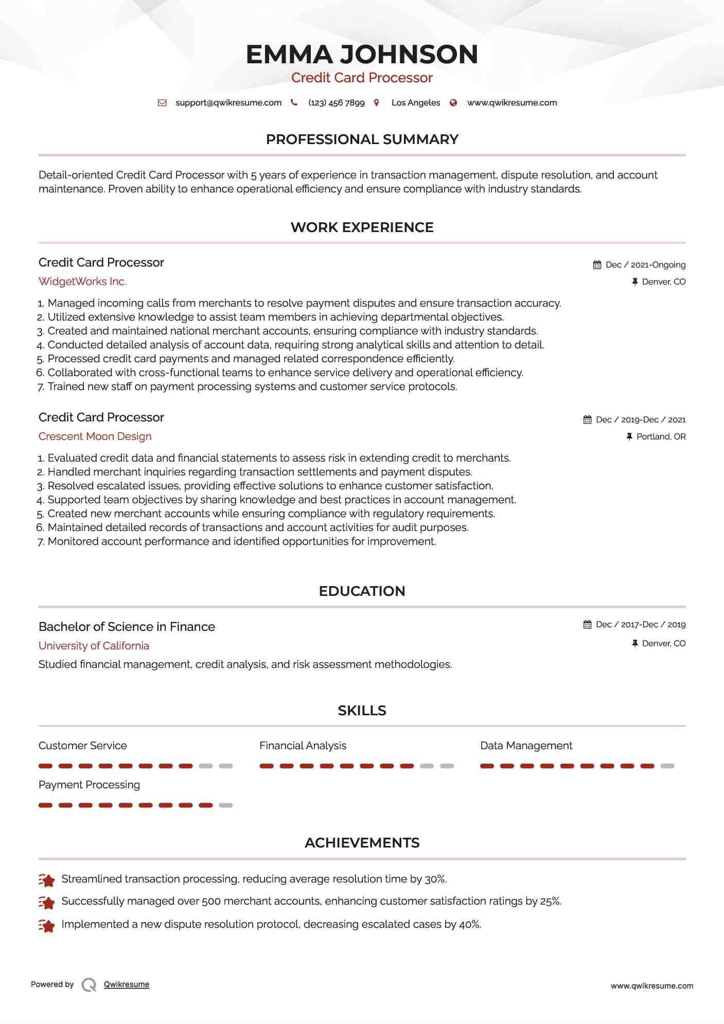 Credit Card Processor Resume Sample