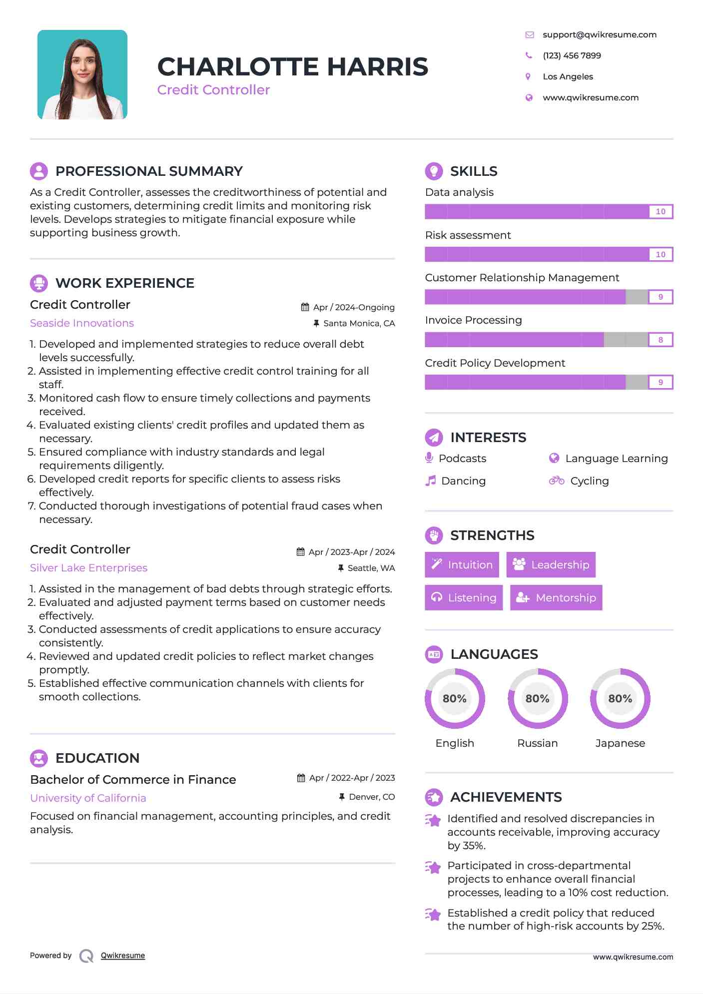 Credit Controller Resume Sample