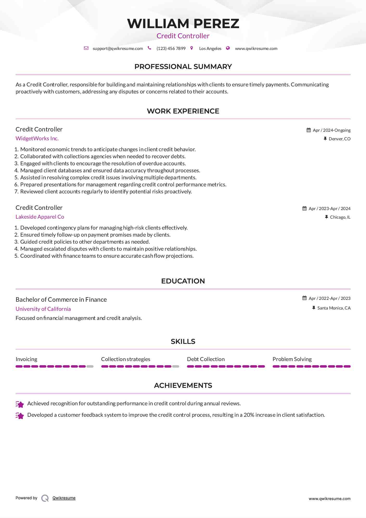 Credit Controller Resume Sample